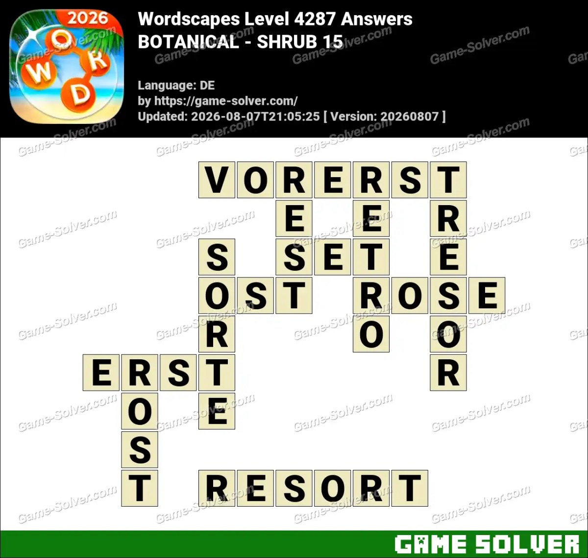 Wordscapes Deutsche Level 4287 Answers — BOTANICAL - SHRUB 15