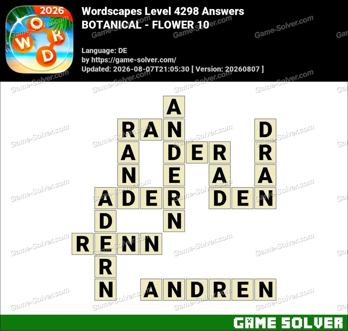 Wordscapes Deutsche Level 4298 Answers — BOTANICAL - FLOWER 10