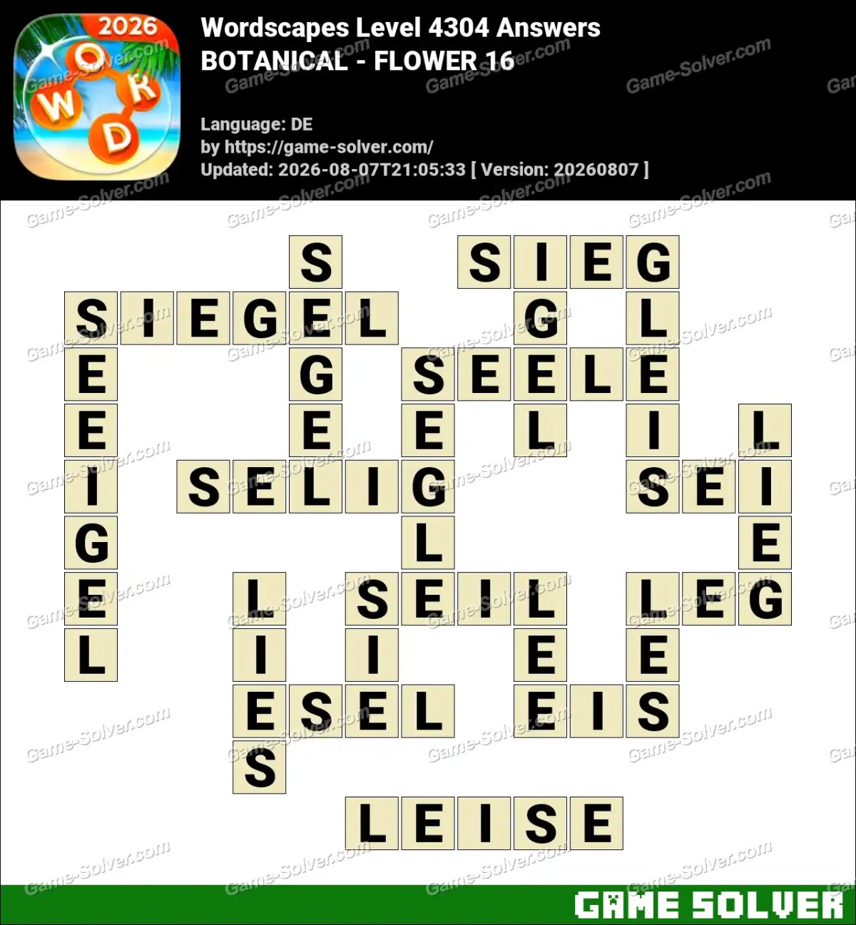 Wordscapes Deutsche Level 4304 Answers — BOTANICAL - FLOWER 16