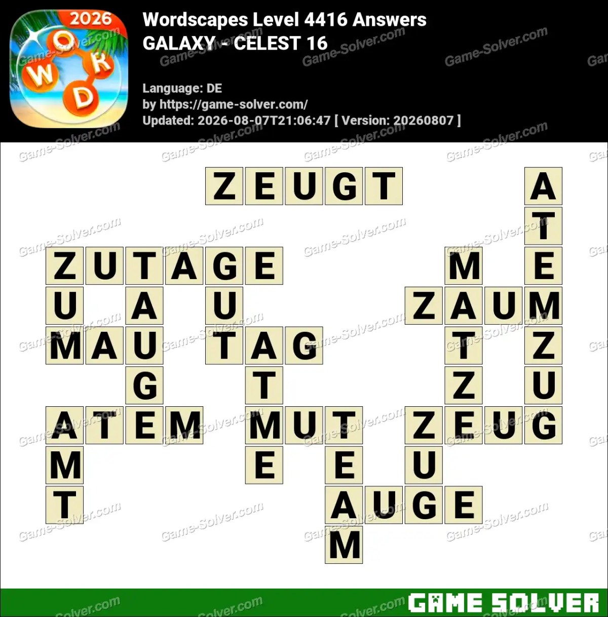 Wordscapes Deutsche Level 4416 Answers — GALAXY - CELEST 16