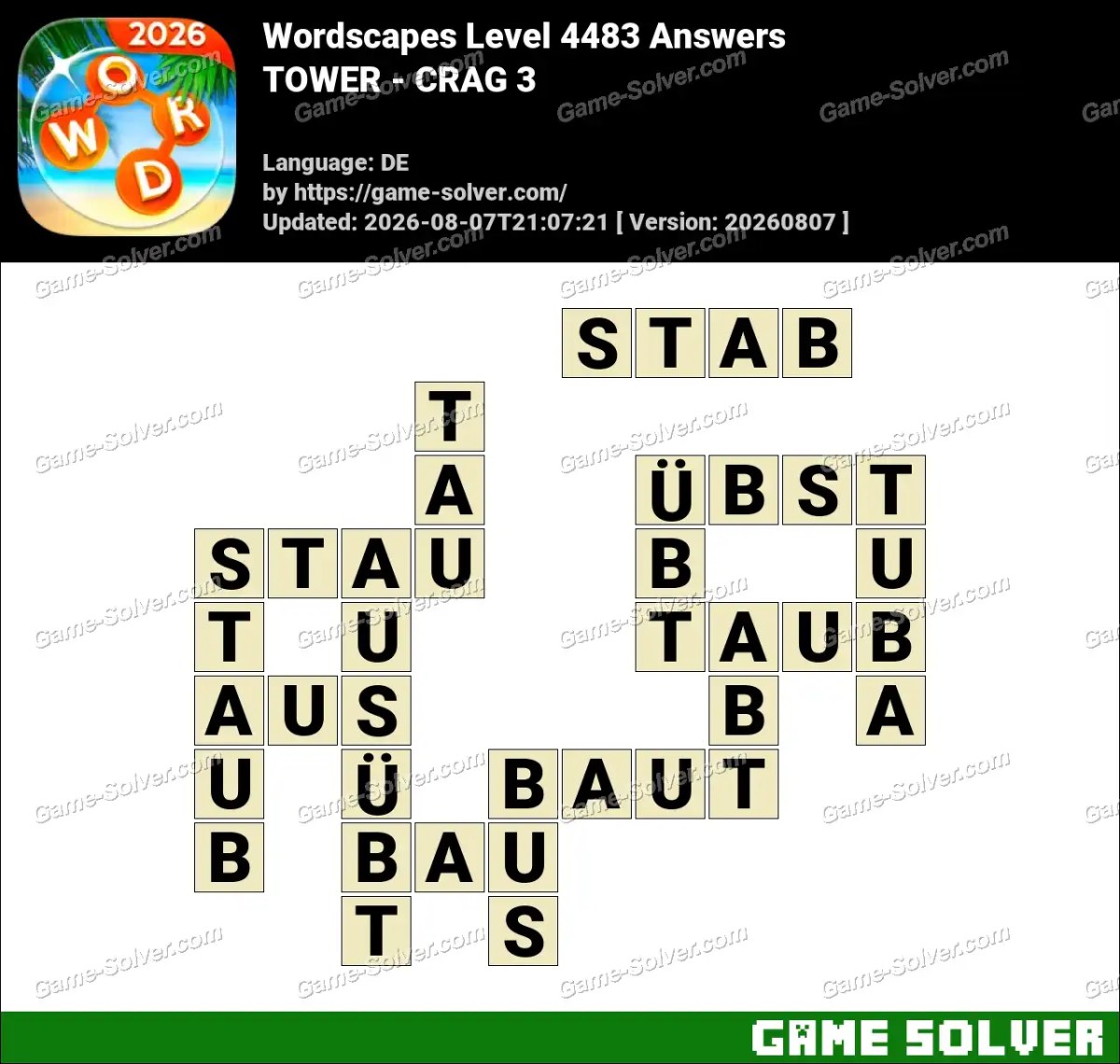 Wordscapes Deutsche Level 4483 Answers — TOWER - CRAG 3