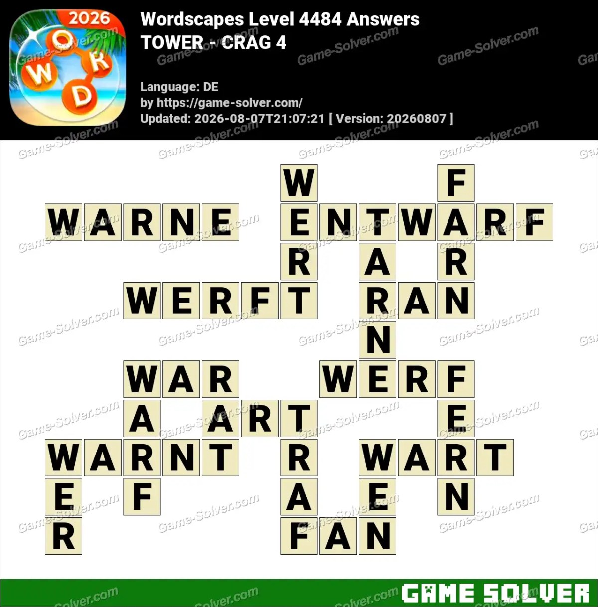 Wordscapes Deutsche Level 4484 Answers — TOWER - CRAG 4