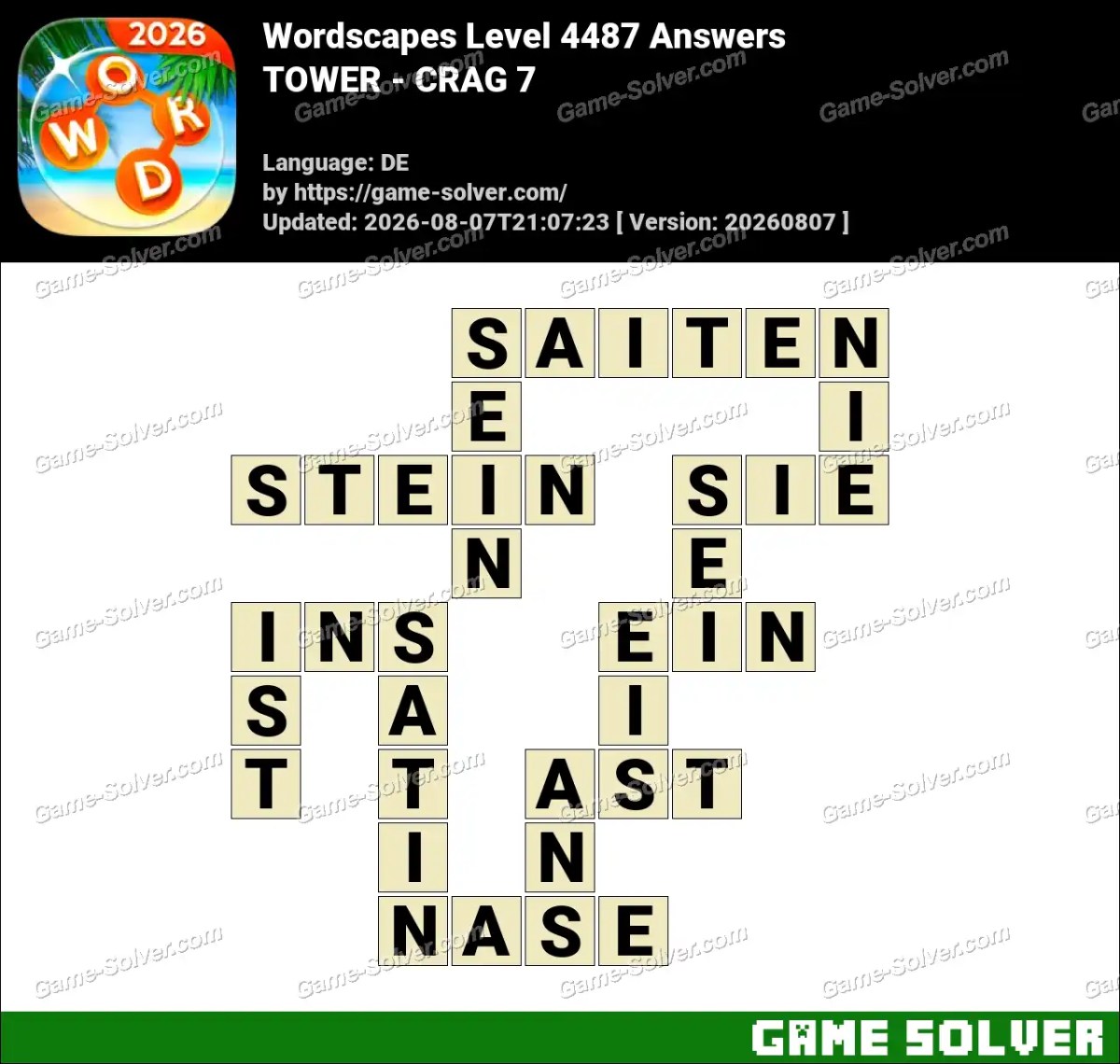 Wordscapes Deutsche Level 4487 Answers — TOWER - CRAG 7