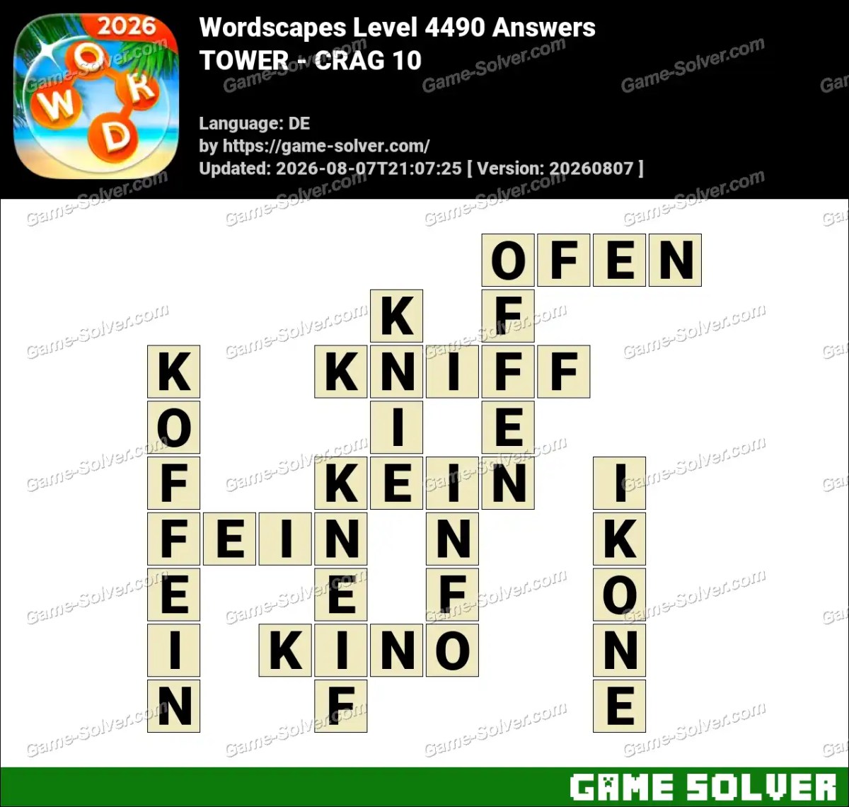Wordscapes Deutsche Level 4490 Answers — TOWER - CRAG 10