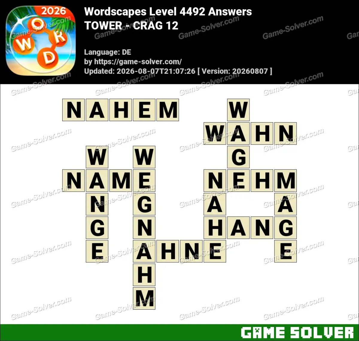 Wordscapes Deutsche Level 4492 Answers — TOWER - CRAG 12