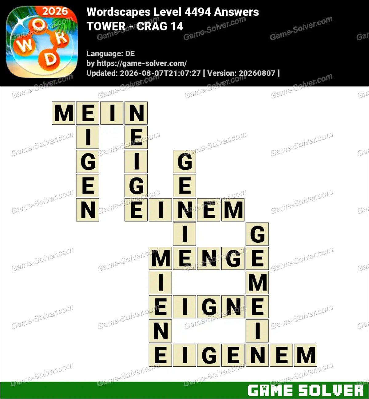 Wordscapes Deutsche Level 4494 Answers — TOWER - CRAG 14