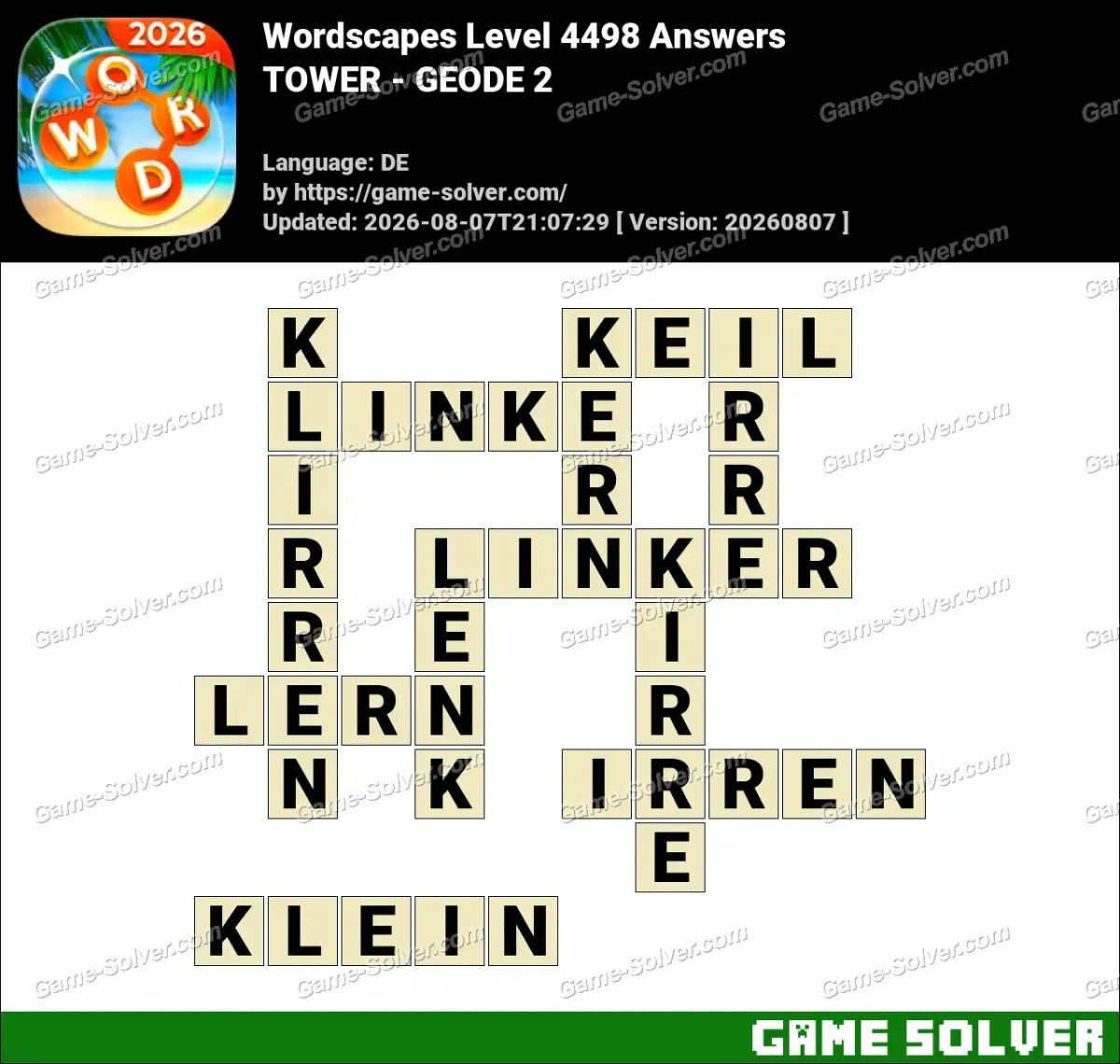 Wordscapes Deutsche Level 4498 Answers — TOWER - GEODE 2