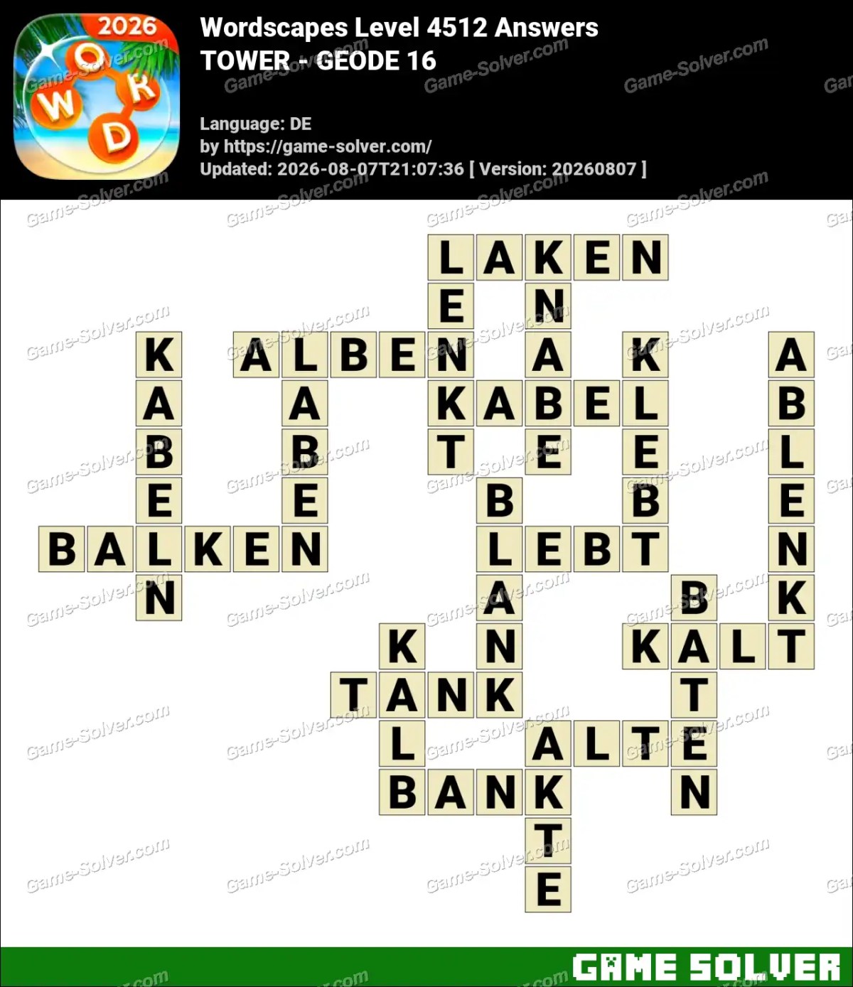 Wordscapes Deutsche Level 4512 Answers — TOWER - GEODE 16