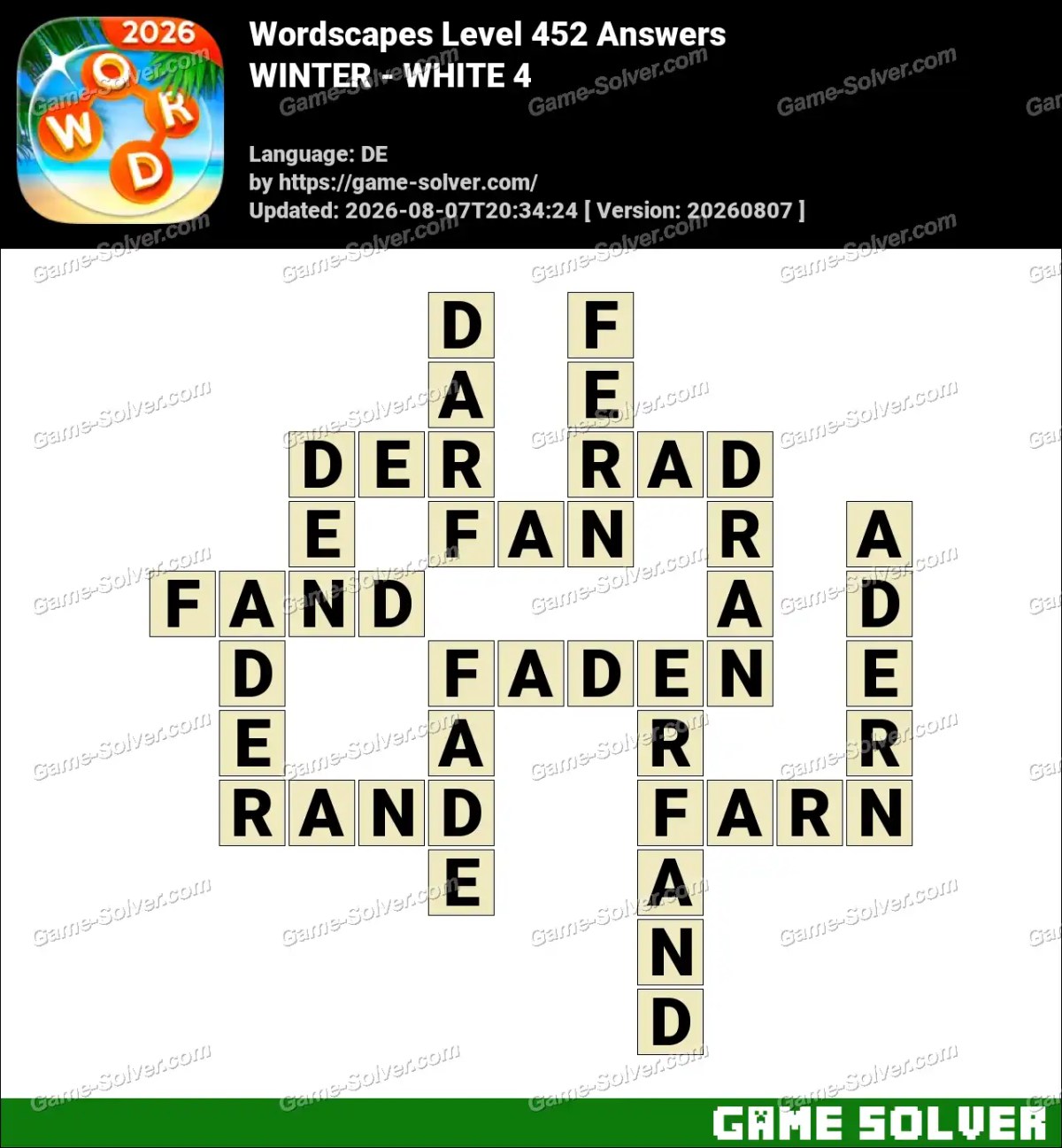 Wordscapes Deutsche Level 452 Answers — WINTER - WHITE 4