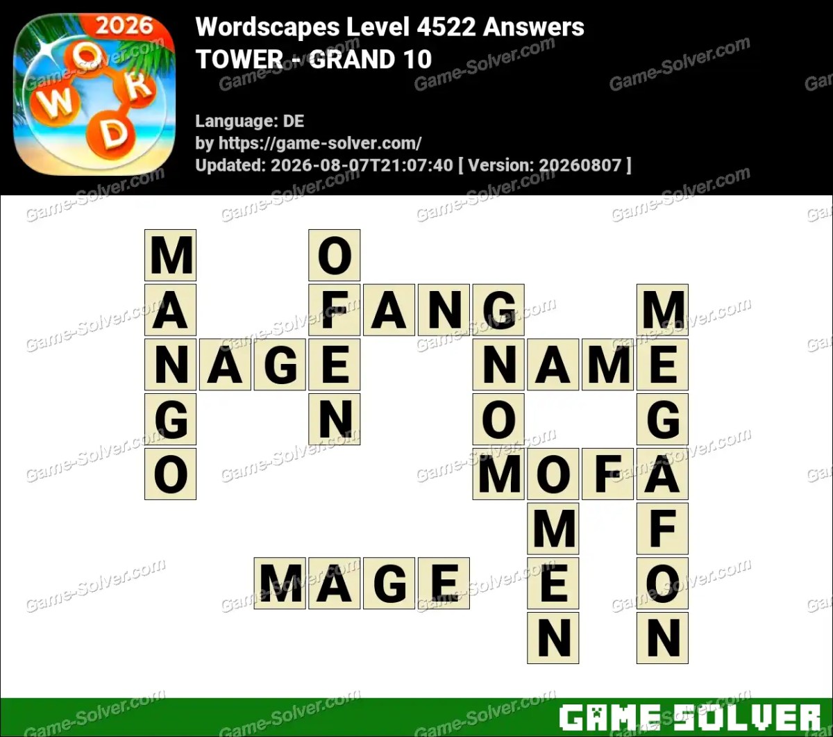 Wordscapes Deutsche Level 4522 Answers — TOWER - GRAND 10