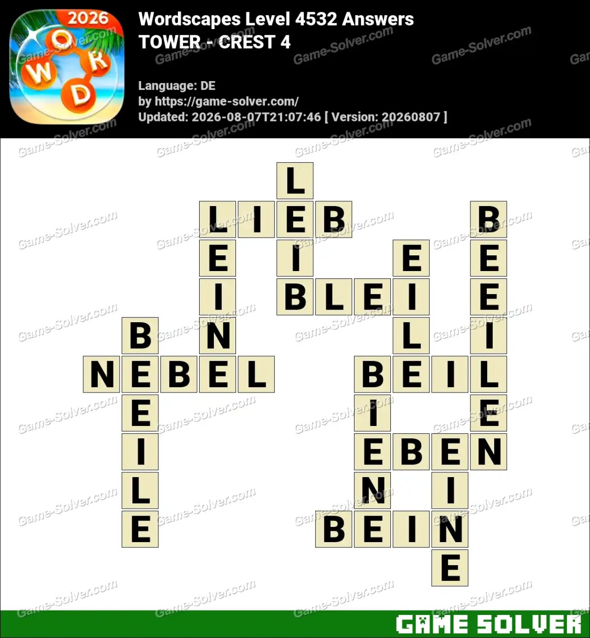 Wordscapes Deutsche Level 4532 Answers — TOWER - CREST 4