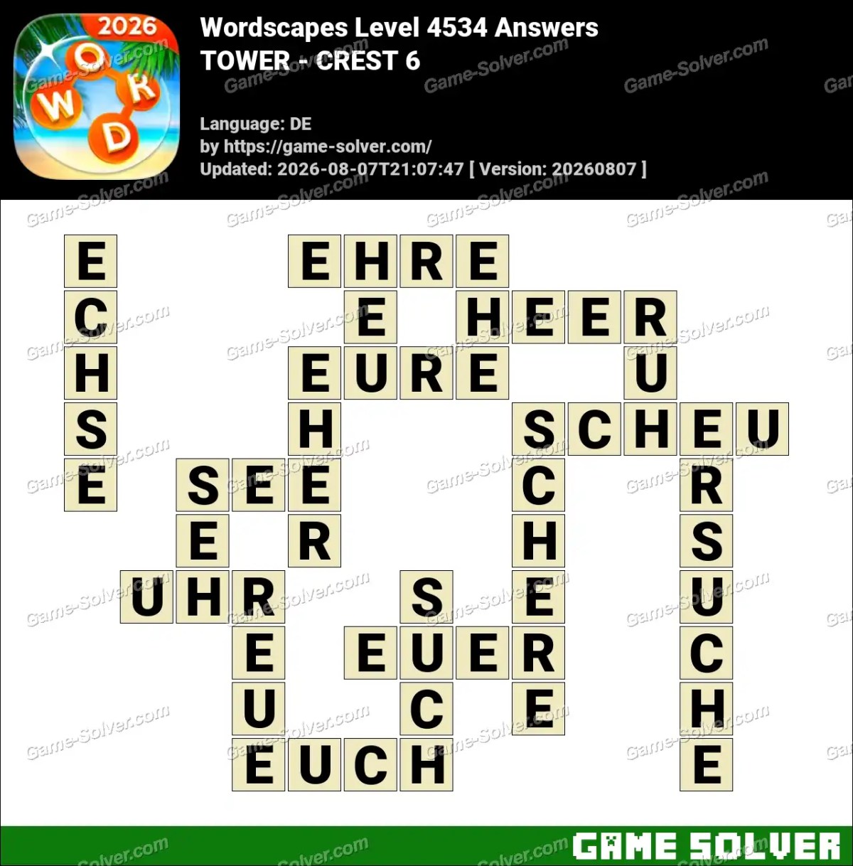 Wordscapes Deutsche Level 4534 Answers — TOWER - CREST 6