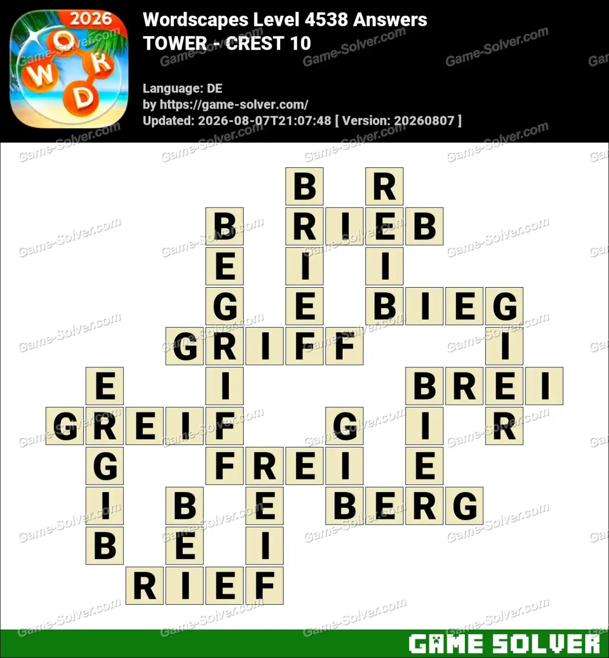 Wordscapes Deutsche Level 4538 Answers — TOWER - CREST 10