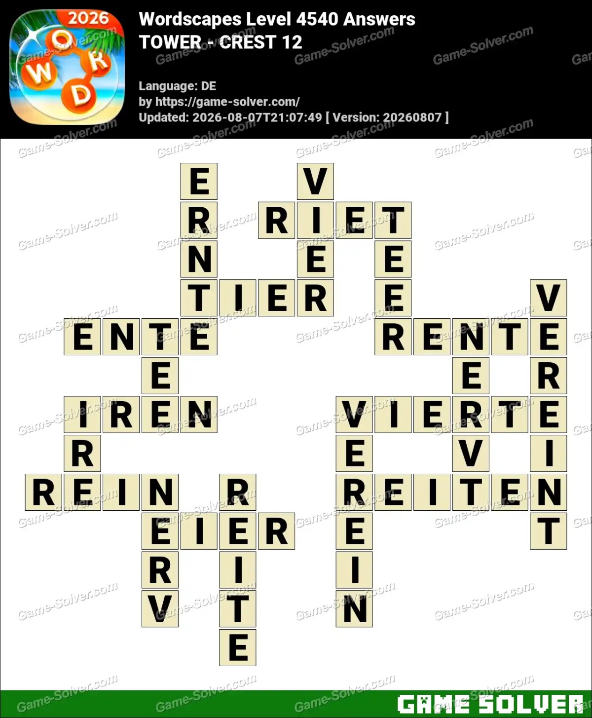 Wordscapes Deutsche Level 4540 Answers — TOWER - CREST 12