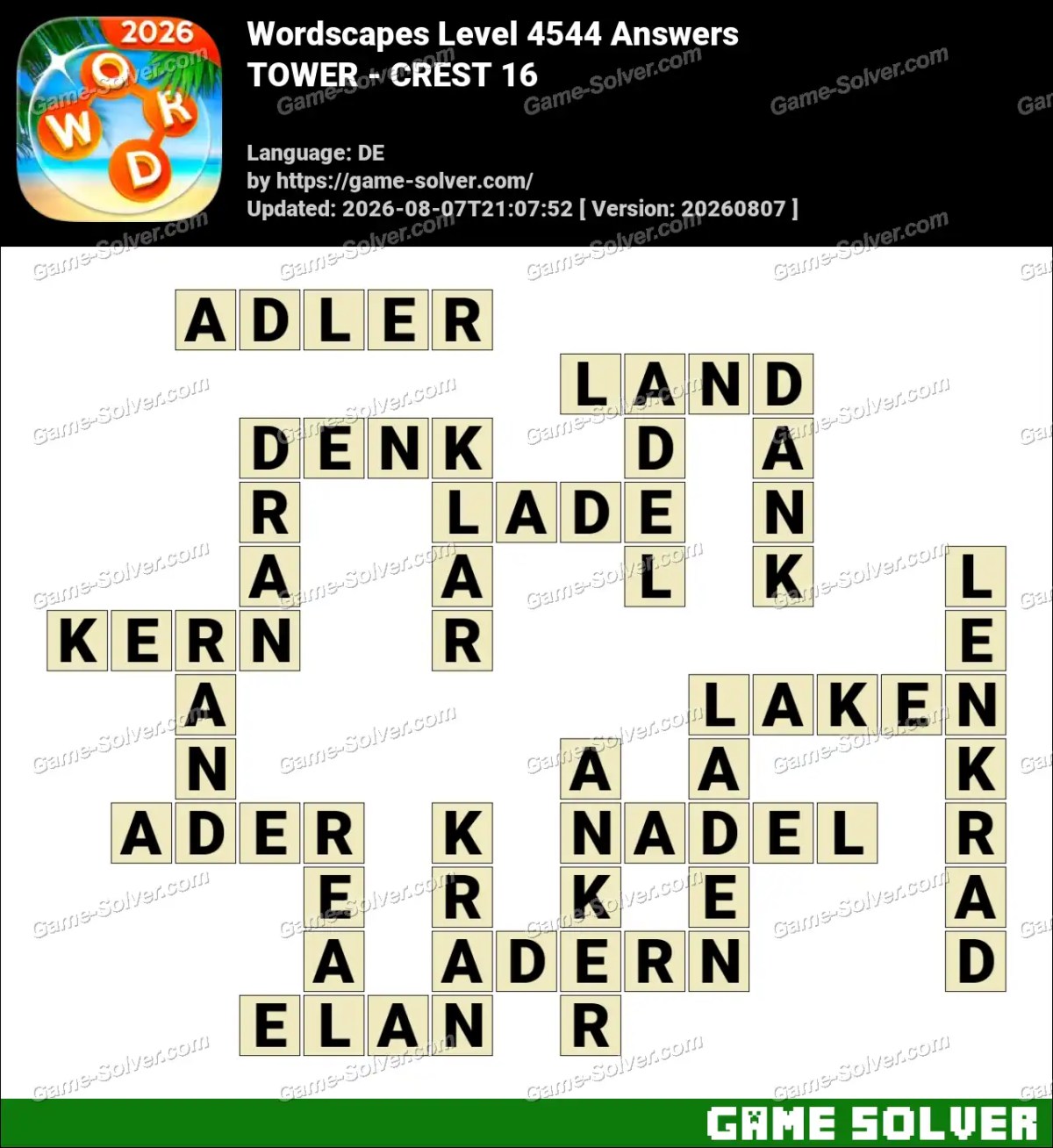 Wordscapes Deutsche Level 4544 Answers — TOWER - CREST 16 Wordscapes Deutsche Level 4544 Answers — TOWER - CREST 16