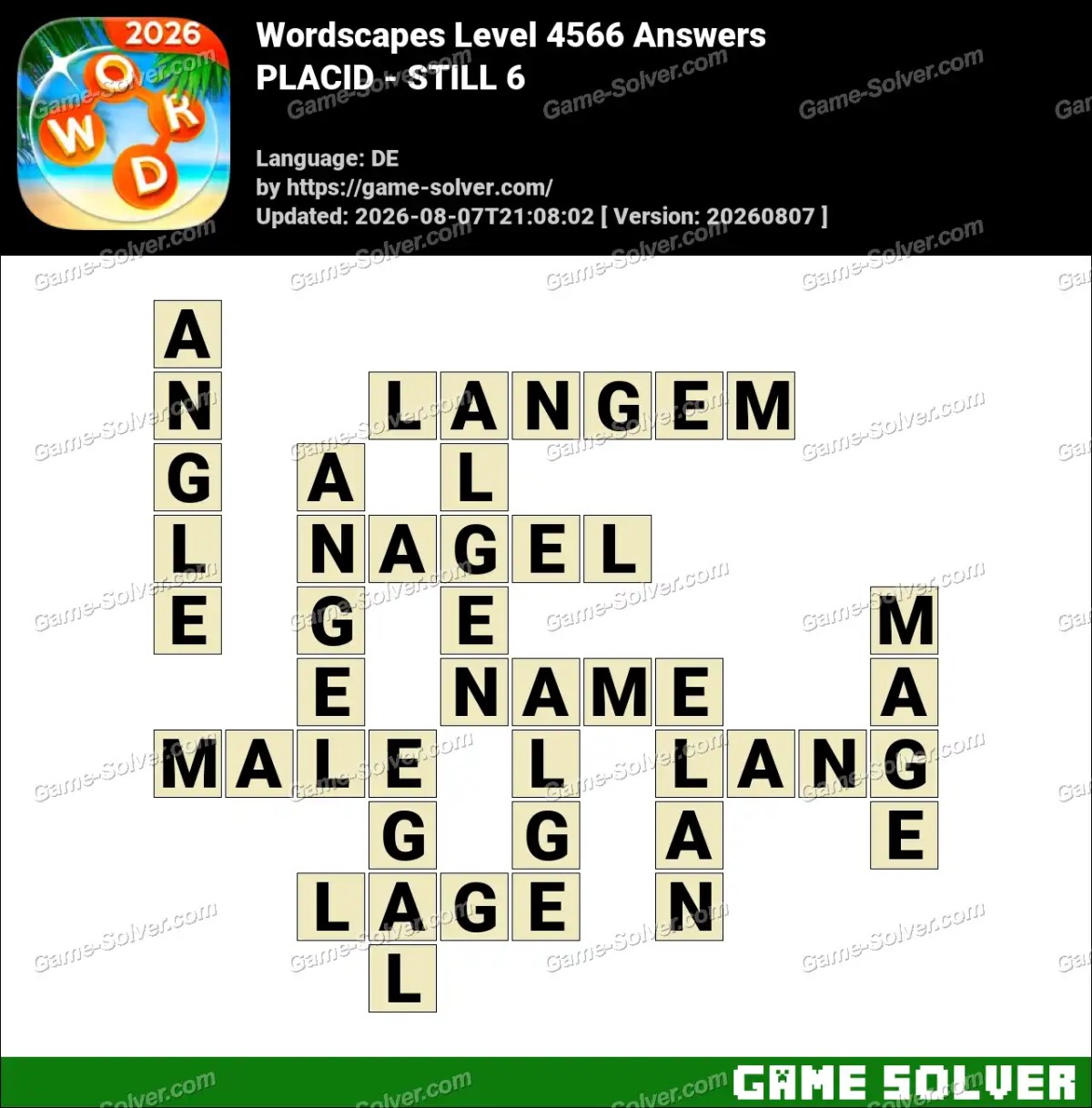 Wordscapes Deutsche Level 4566 Answers — PLACID - STILL 6