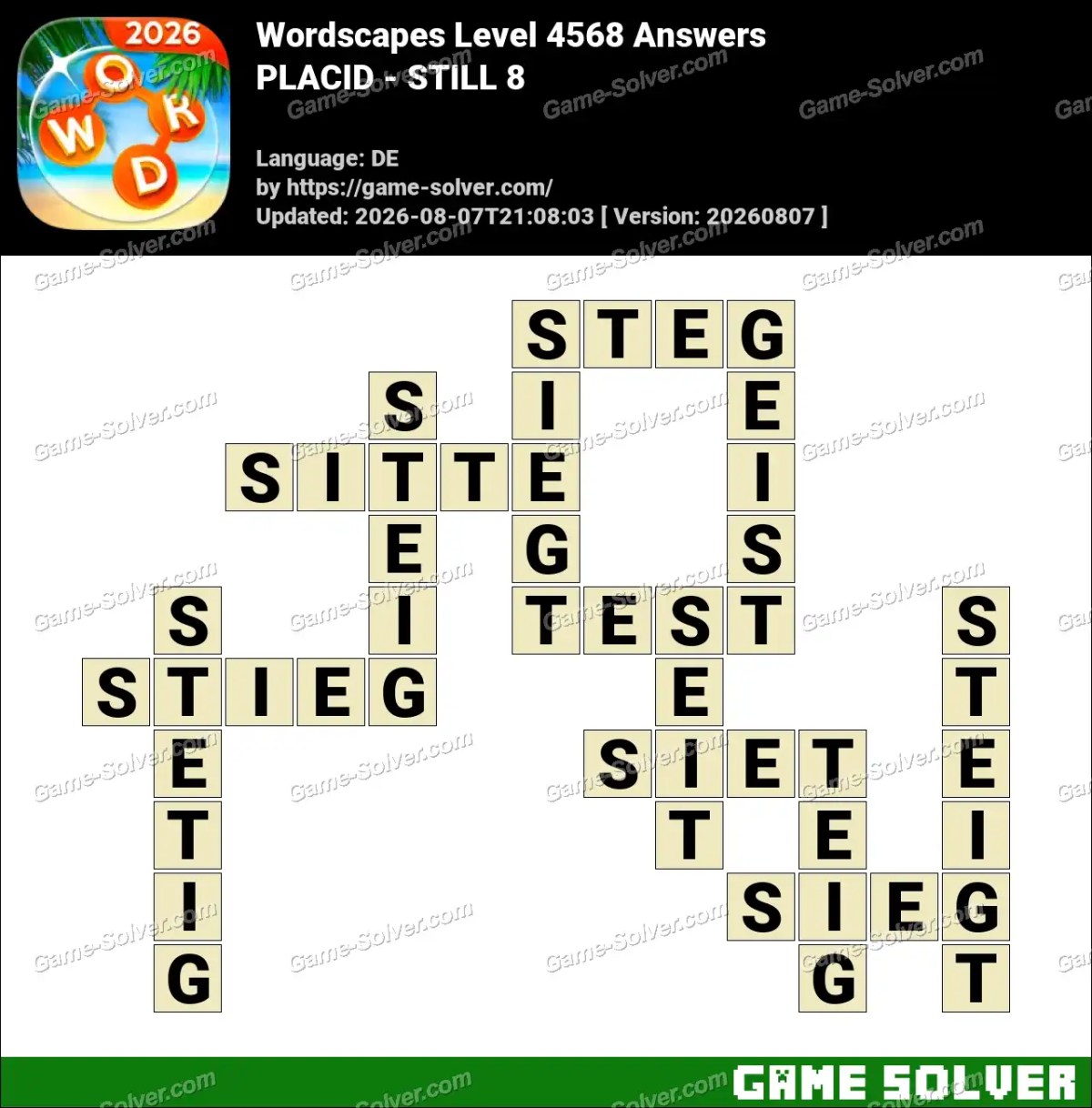 Wordscapes Deutsche Level 4568 Answers — PLACID - STILL 8