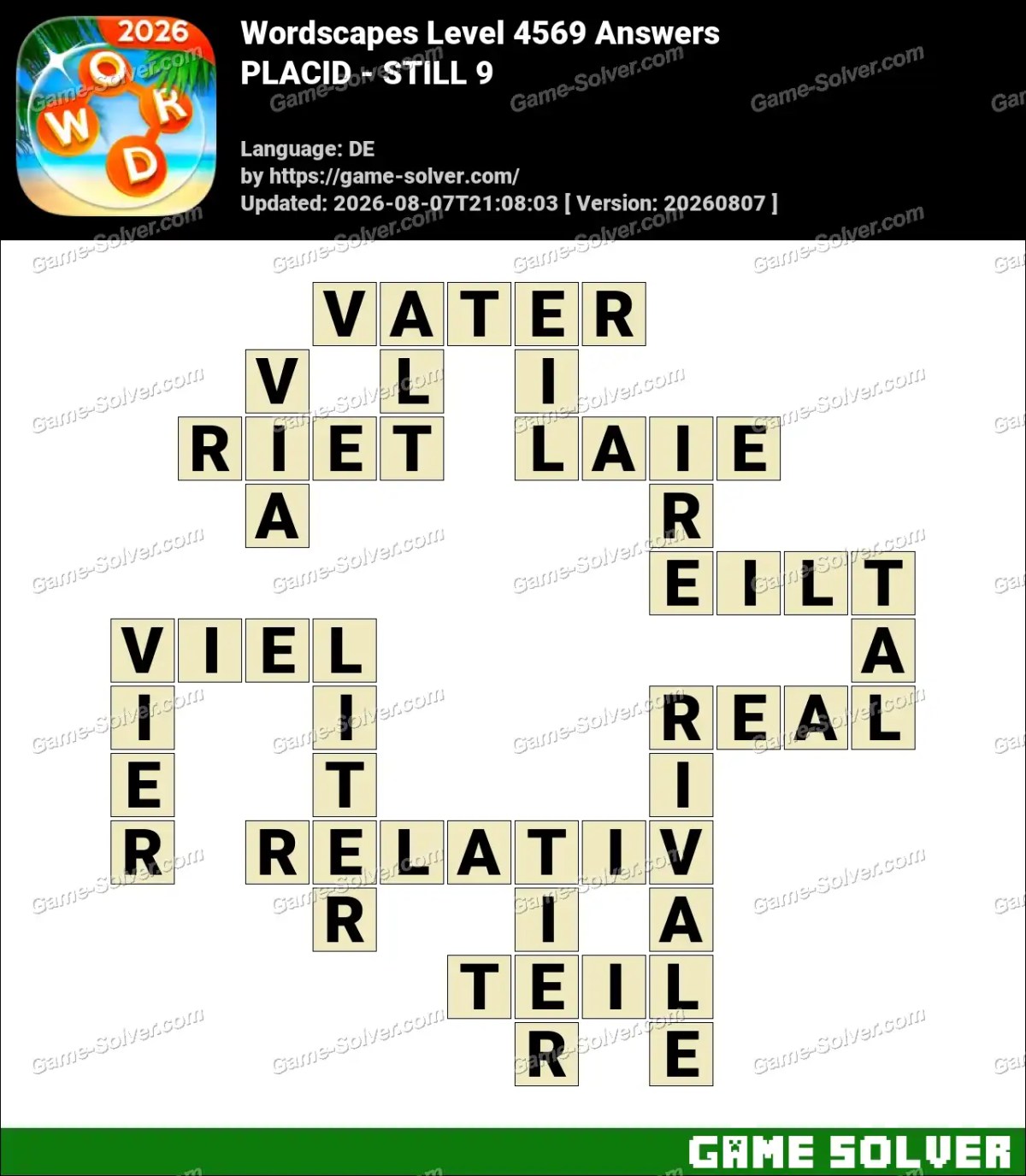 Wordscapes Deutsche Level 4569 Answers — PLACID - STILL 9