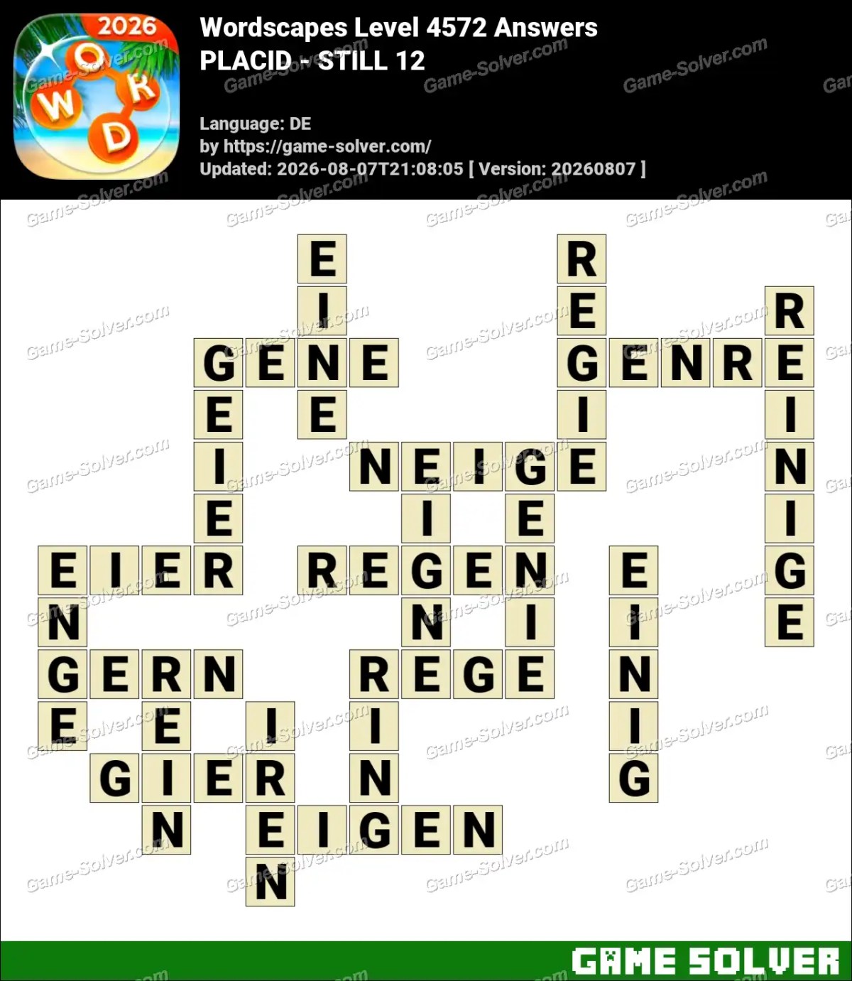 Wordscapes Deutsche Level 4572 Answers — PLACID - STILL 12