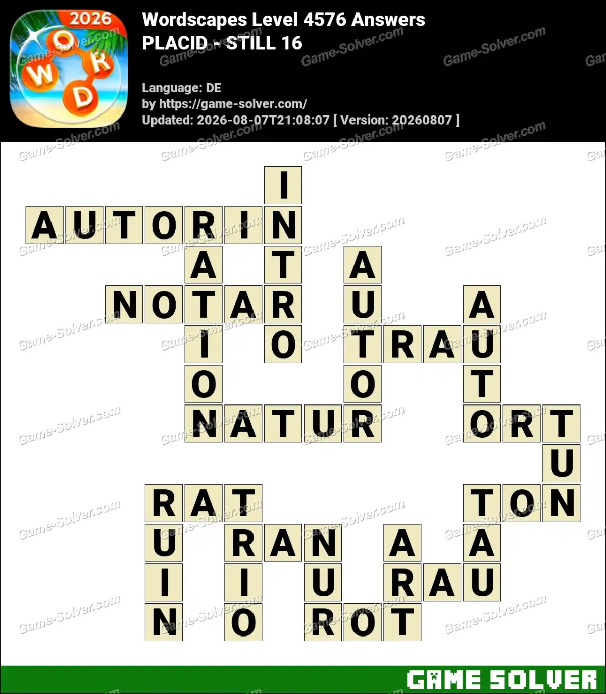 Wordscapes Deutsche Level 4576 Answers — PLACID - STILL 16