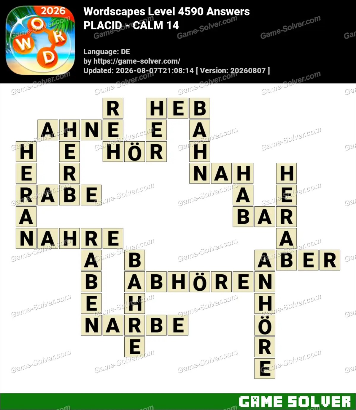 Wordscapes Deutsche Level 4590 Answers — PLACID - CALM 14