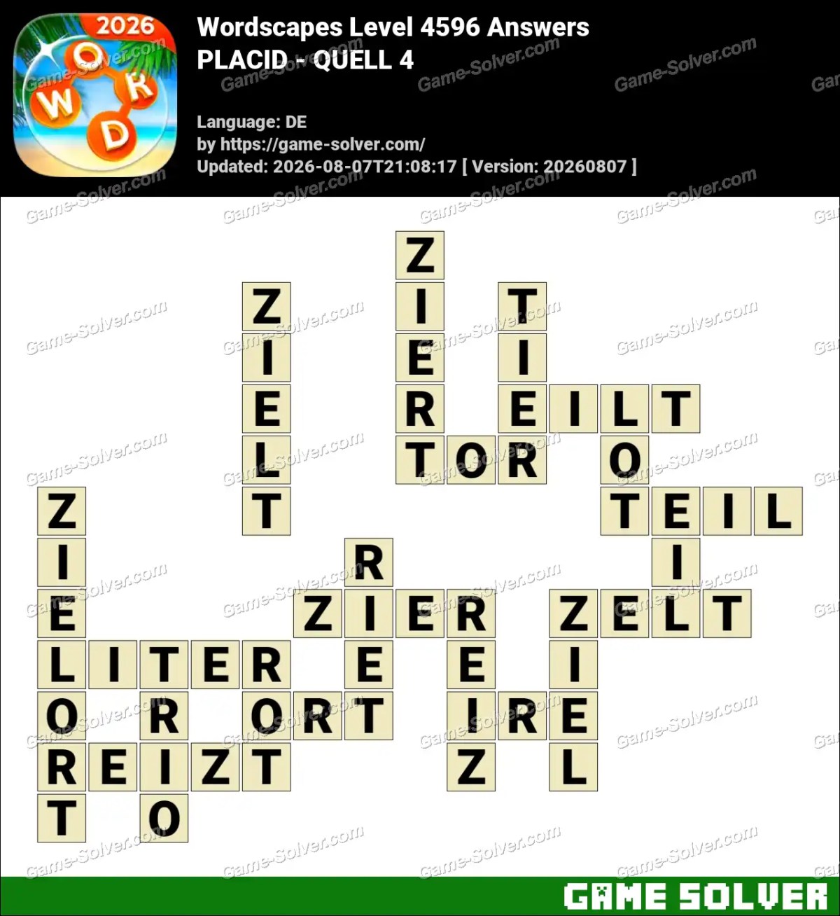 Wordscapes Deutsche Level 4596 Answers — PLACID - QUELL 4