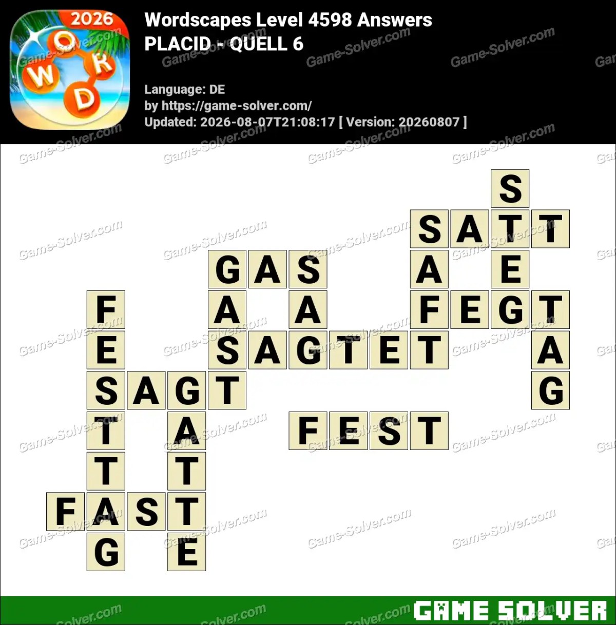 Wordscapes Deutsche Level 4598 Answers — PLACID - QUELL 6