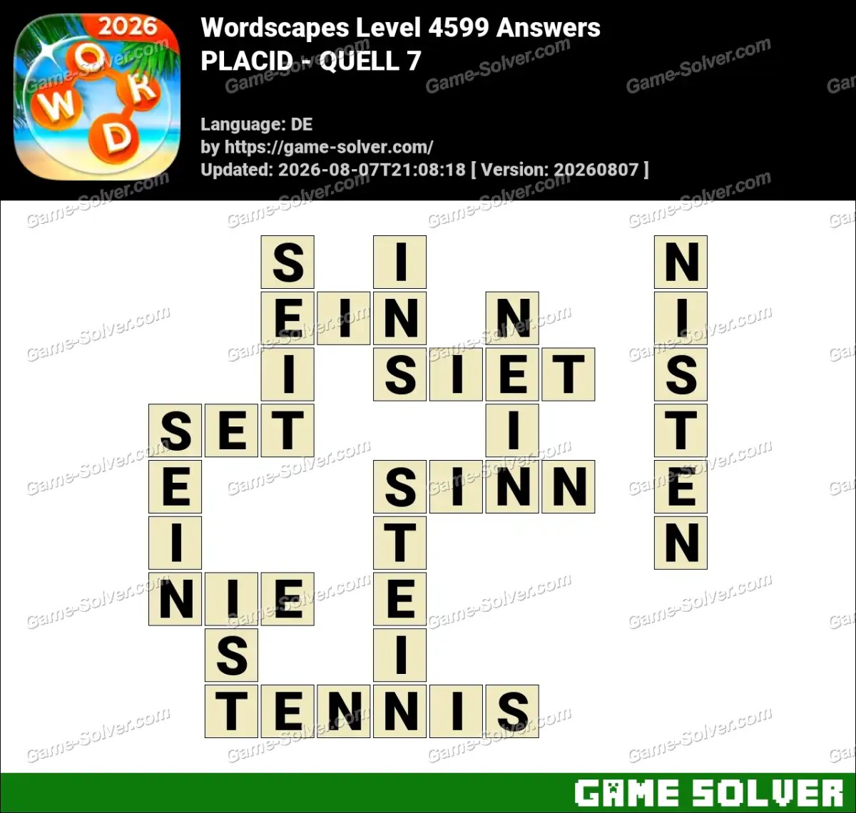 Wordscapes Deutsche Level 4599 Answers — PLACID - QUELL 7