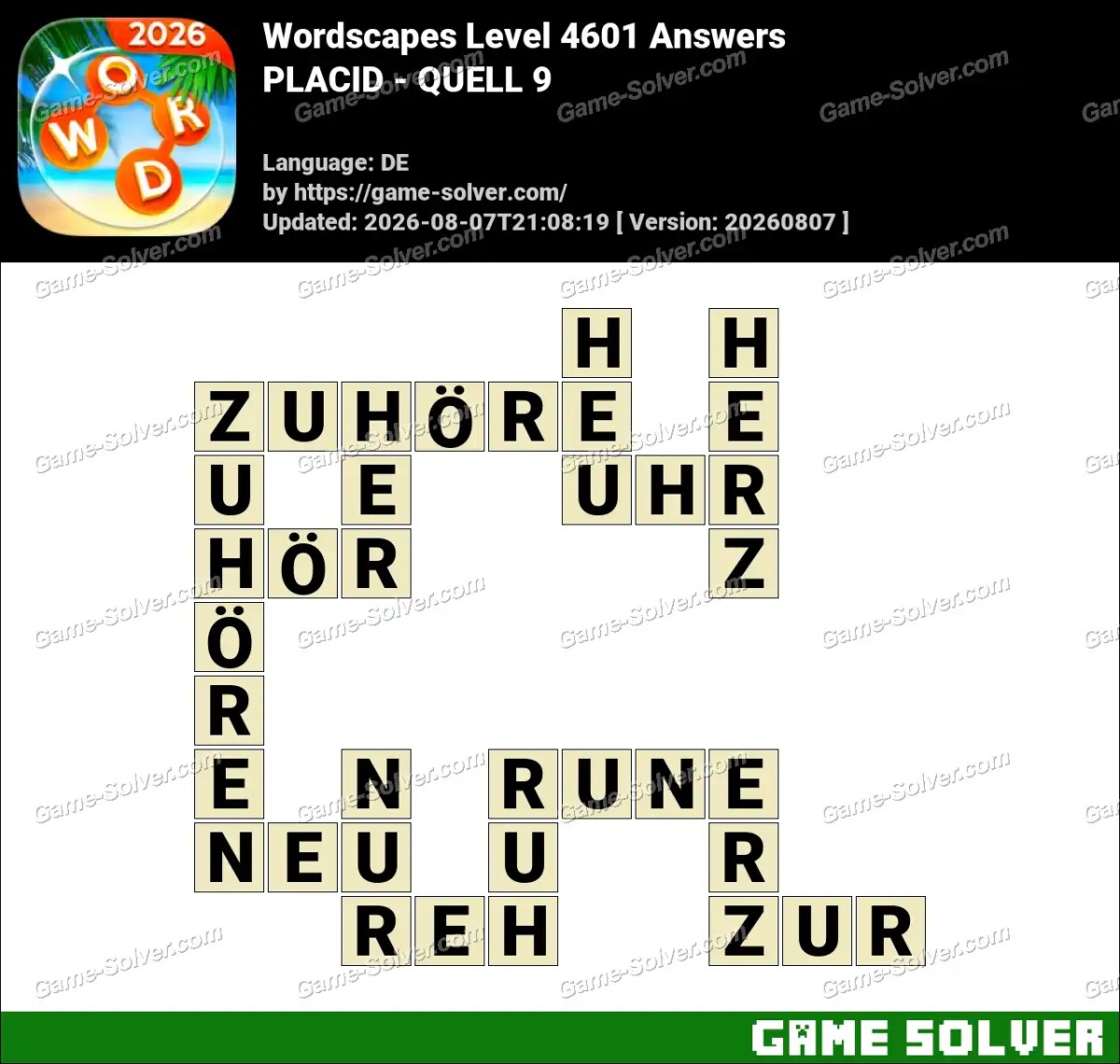 Wordscapes Deutsche Level 4601 Answers — PLACID - QUELL 9