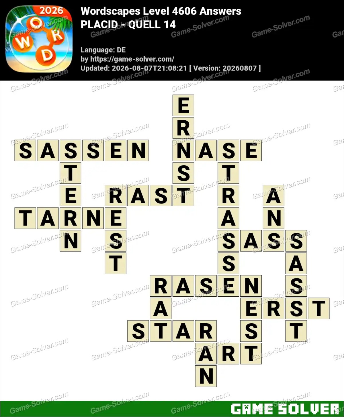 Wordscapes Deutsche Level 4606 Answers — PLACID - QUELL 14