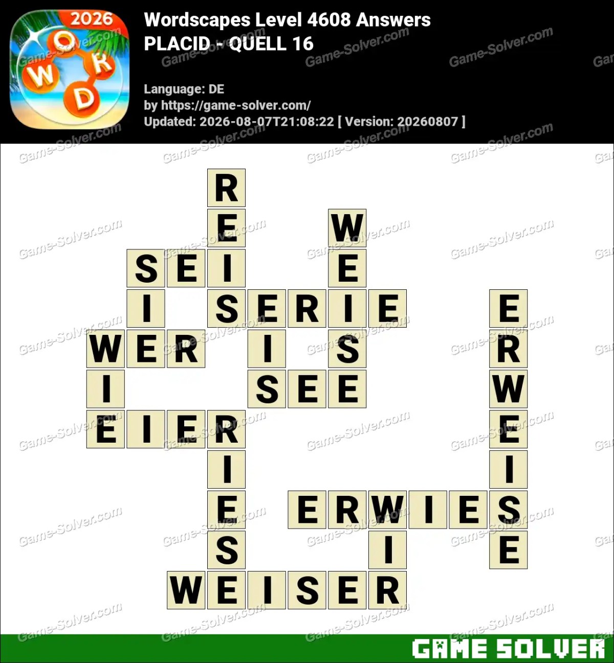Wordscapes Deutsche Level 4608 Answers — PLACID - QUELL 16