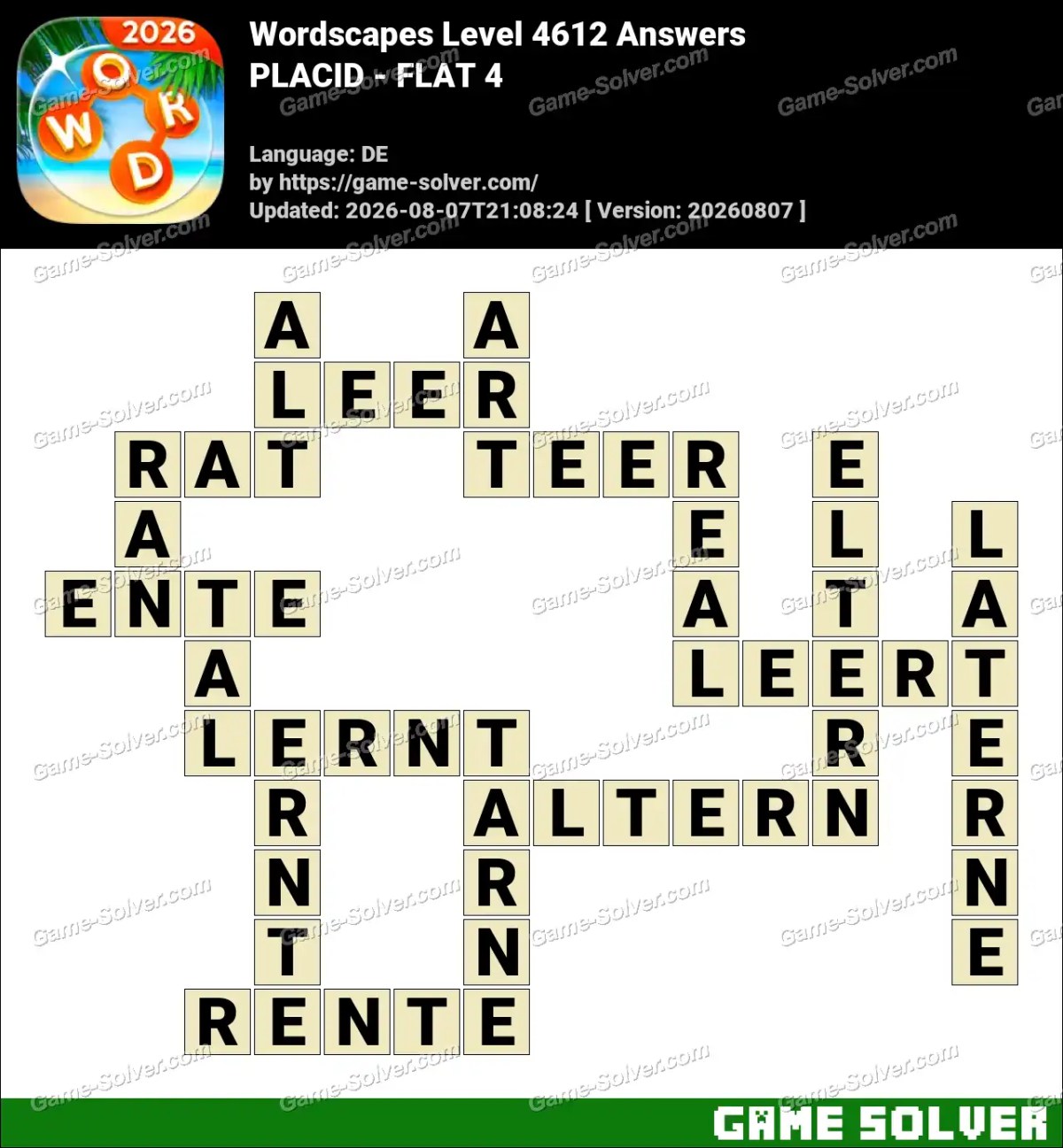 Wordscapes Deutsche Level 4612 Answers — PLACID - FLAT 4