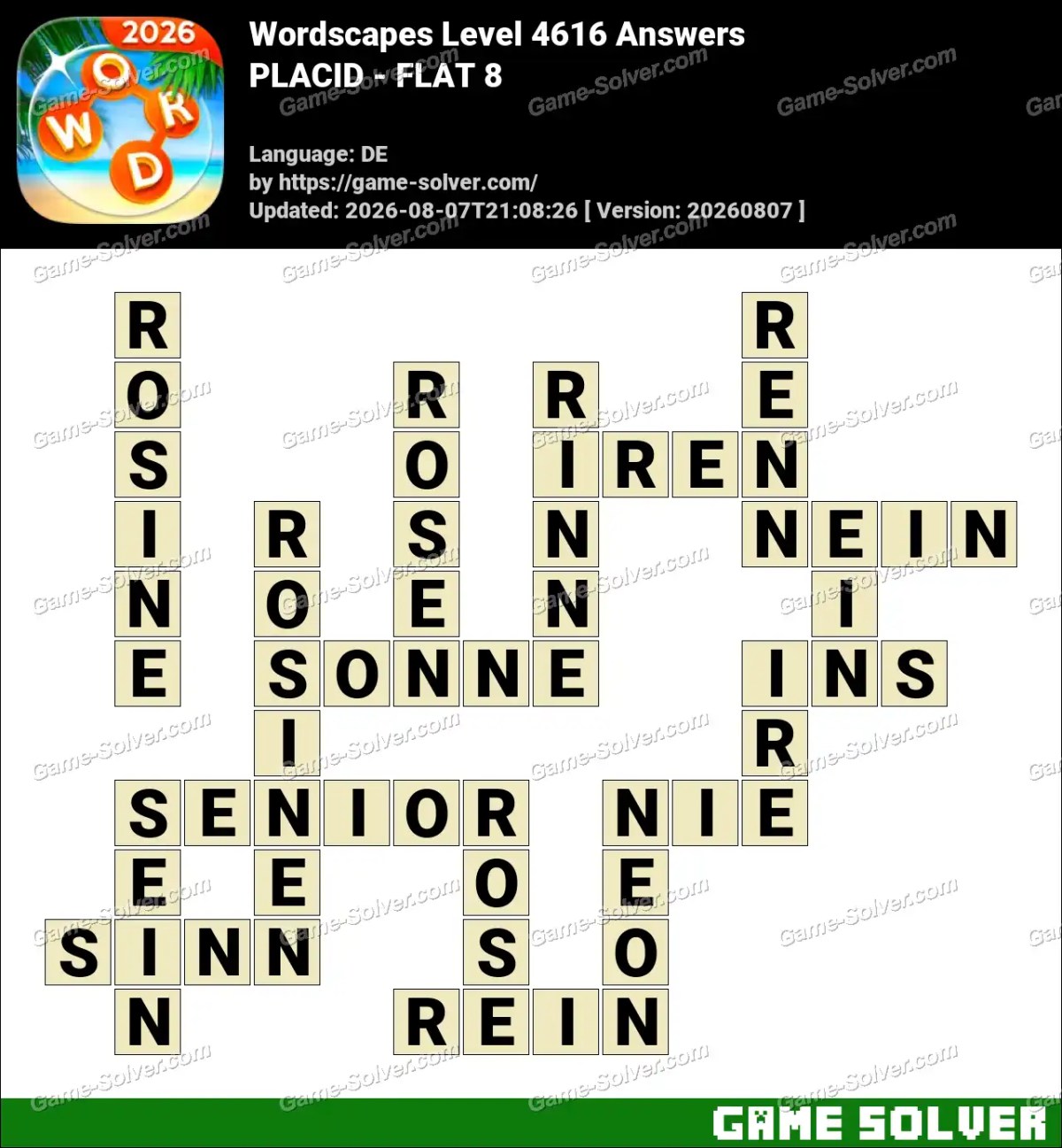 Wordscapes Deutsche Level 4616 Answers — PLACID - FLAT 8