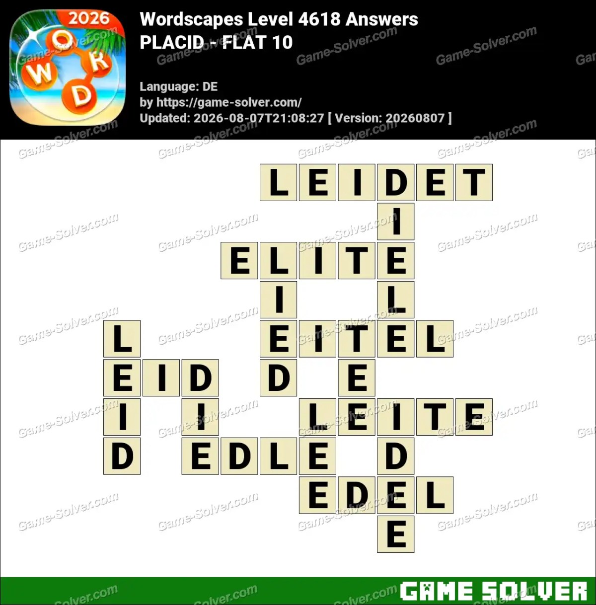 Wordscapes Deutsche Level 4618 Answers — PLACID - FLAT 10