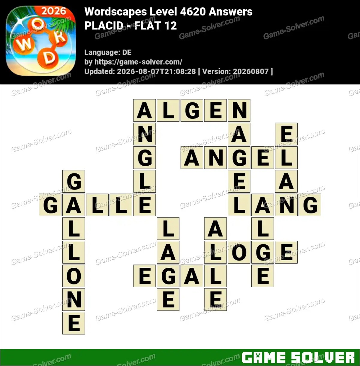 Wordscapes Deutsche Level 4620 Answers — PLACID - FLAT 12