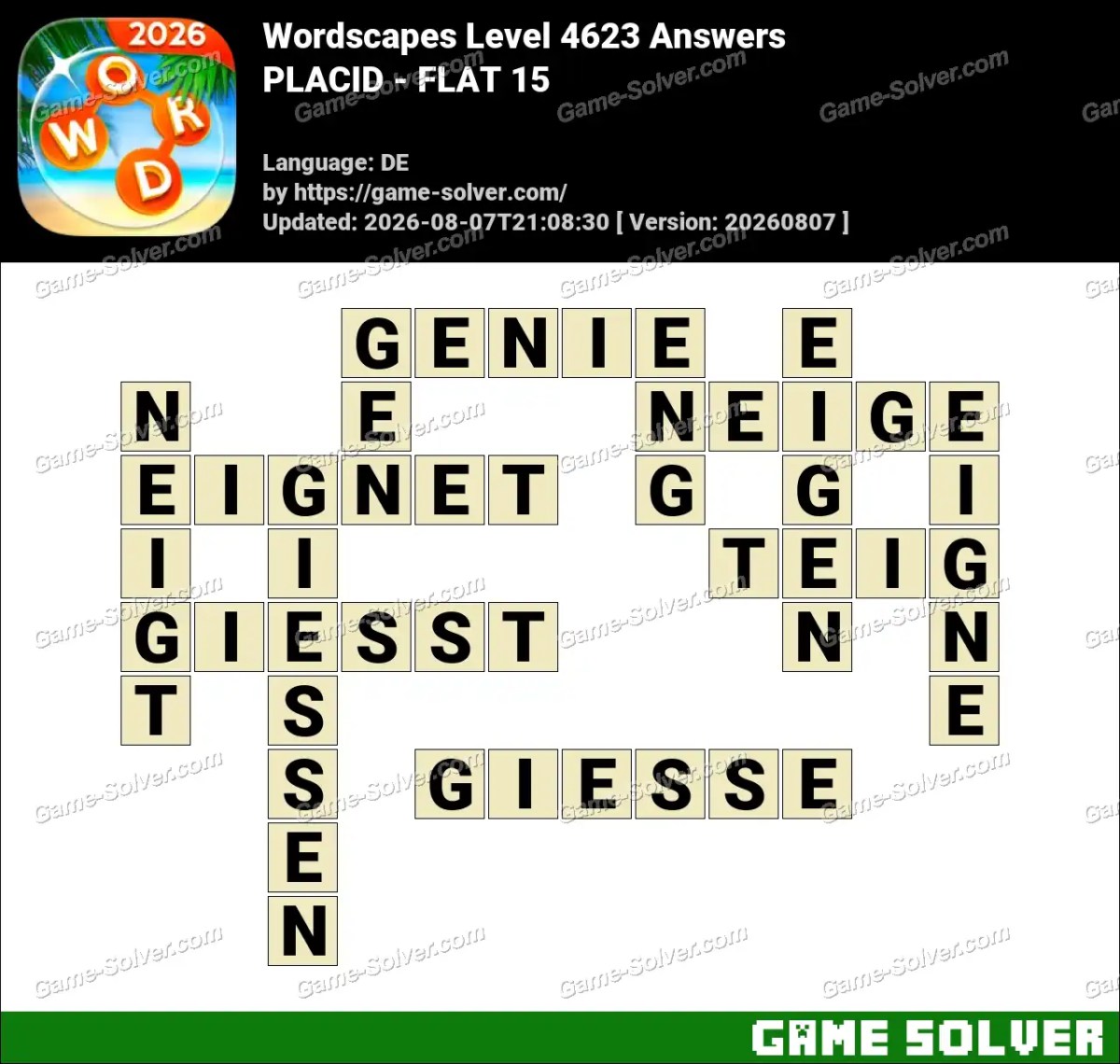 Wordscapes Deutsche Level 4623 Answers — PLACID - FLAT 15