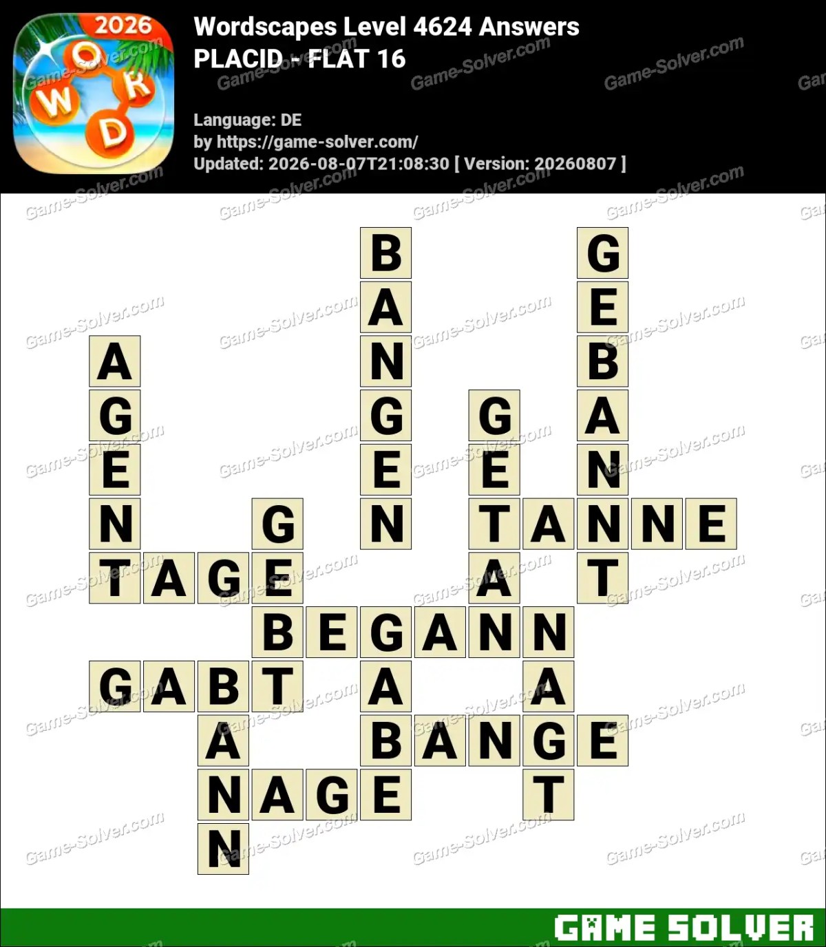 Wordscapes Deutsche Level 4624 Answers — PLACID - FLAT 16