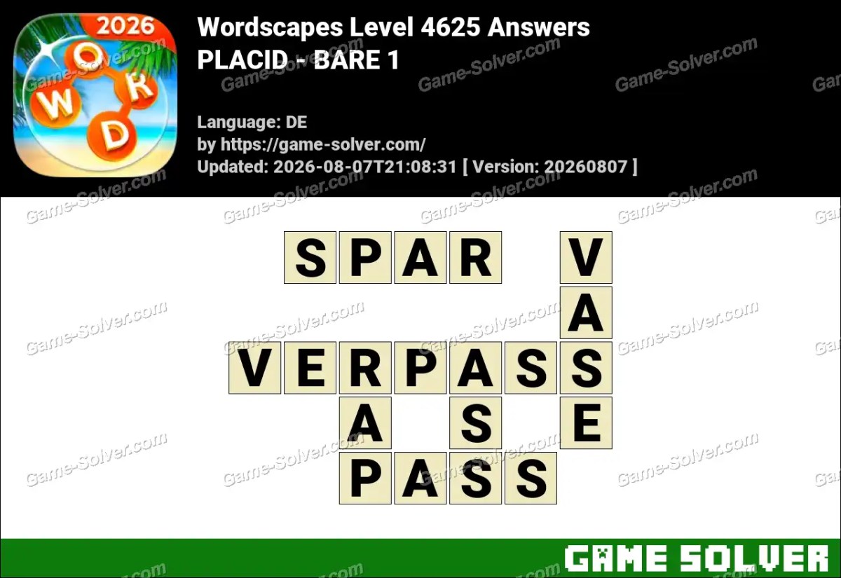 Wordscapes Deutsche Level 4625 Answers — PLACID - BARE 1
