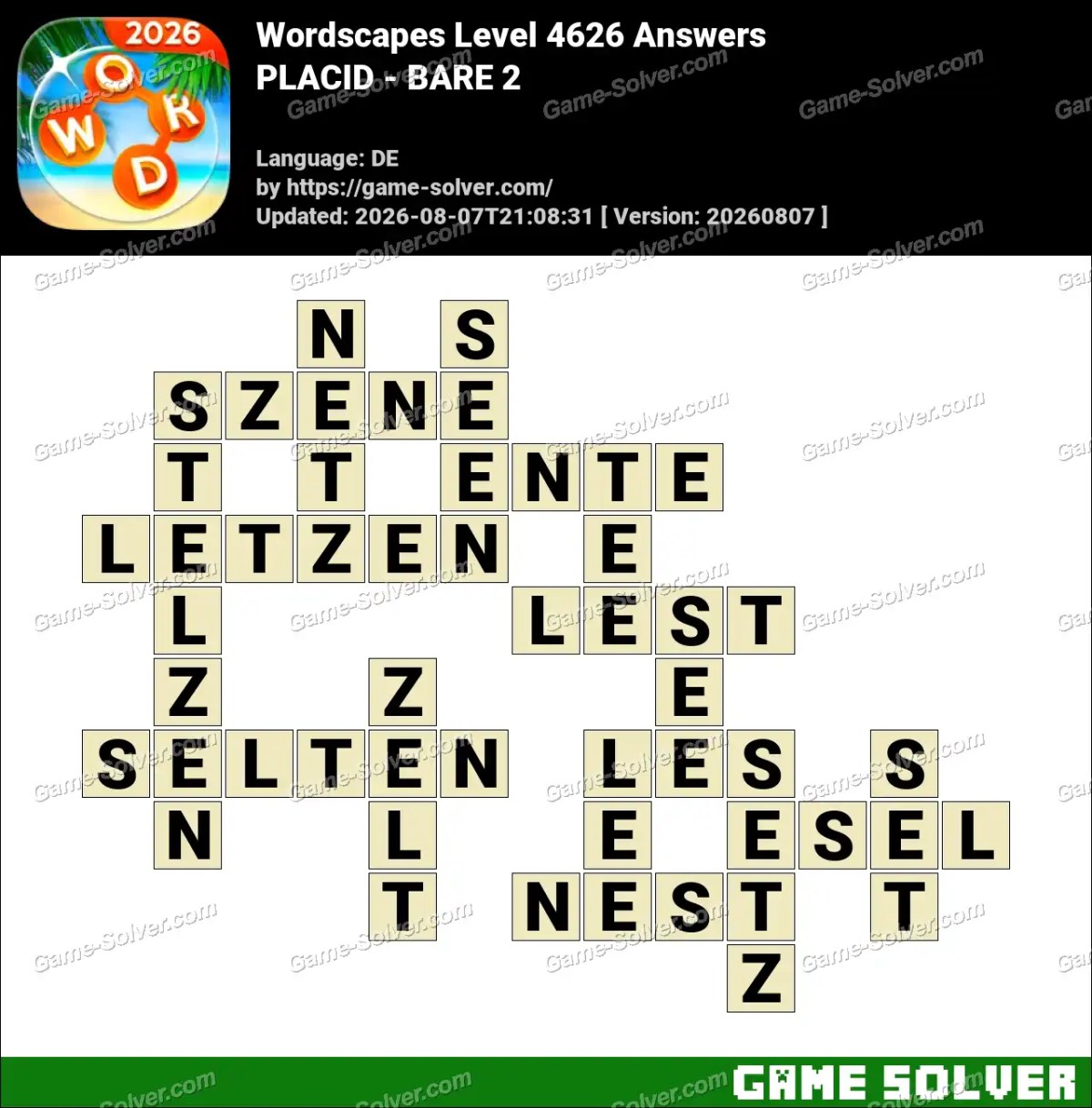 Wordscapes Deutsche Level 4626 Answers — PLACID - BARE 2