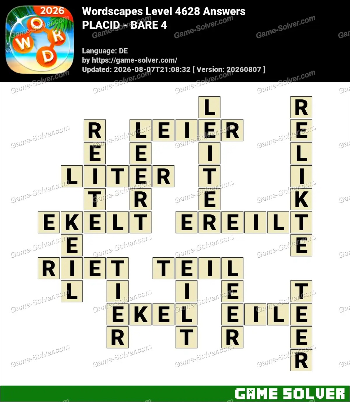 Wordscapes Deutsche Level 4628 Answers — PLACID - BARE 4