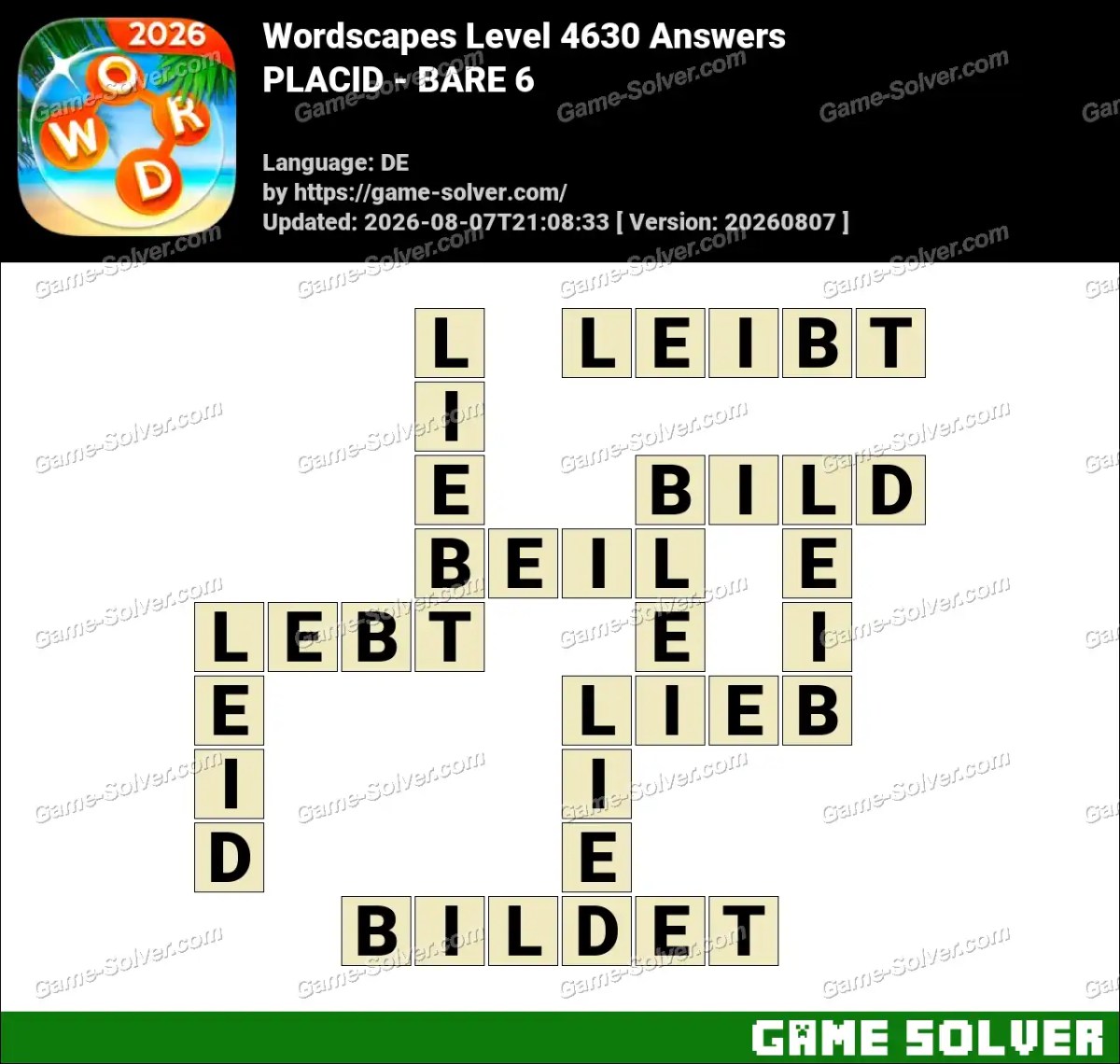 Wordscapes Deutsche Level 4630 Answers — PLACID - BARE 6