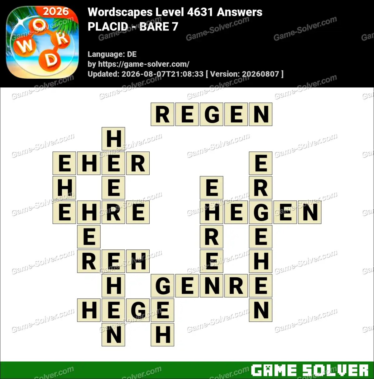 Wordscapes Deutsche Level 4631 Answers — PLACID - BARE 7