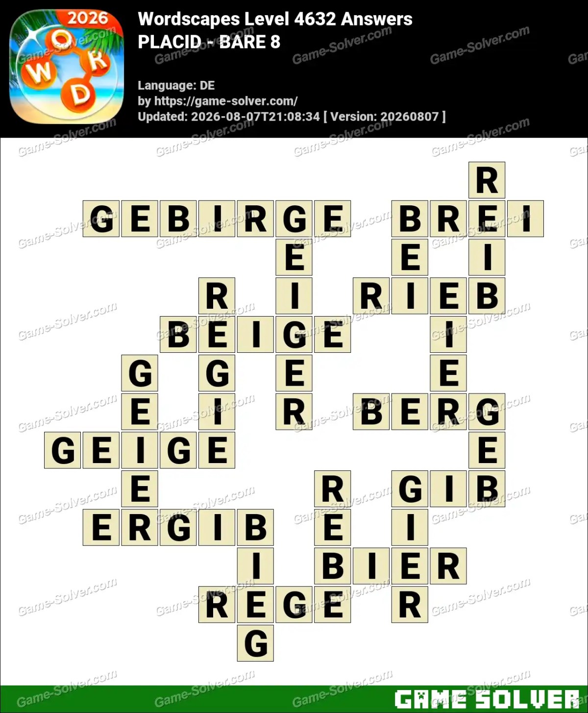 Wordscapes Deutsche Level 4632 Answers — PLACID - BARE 8