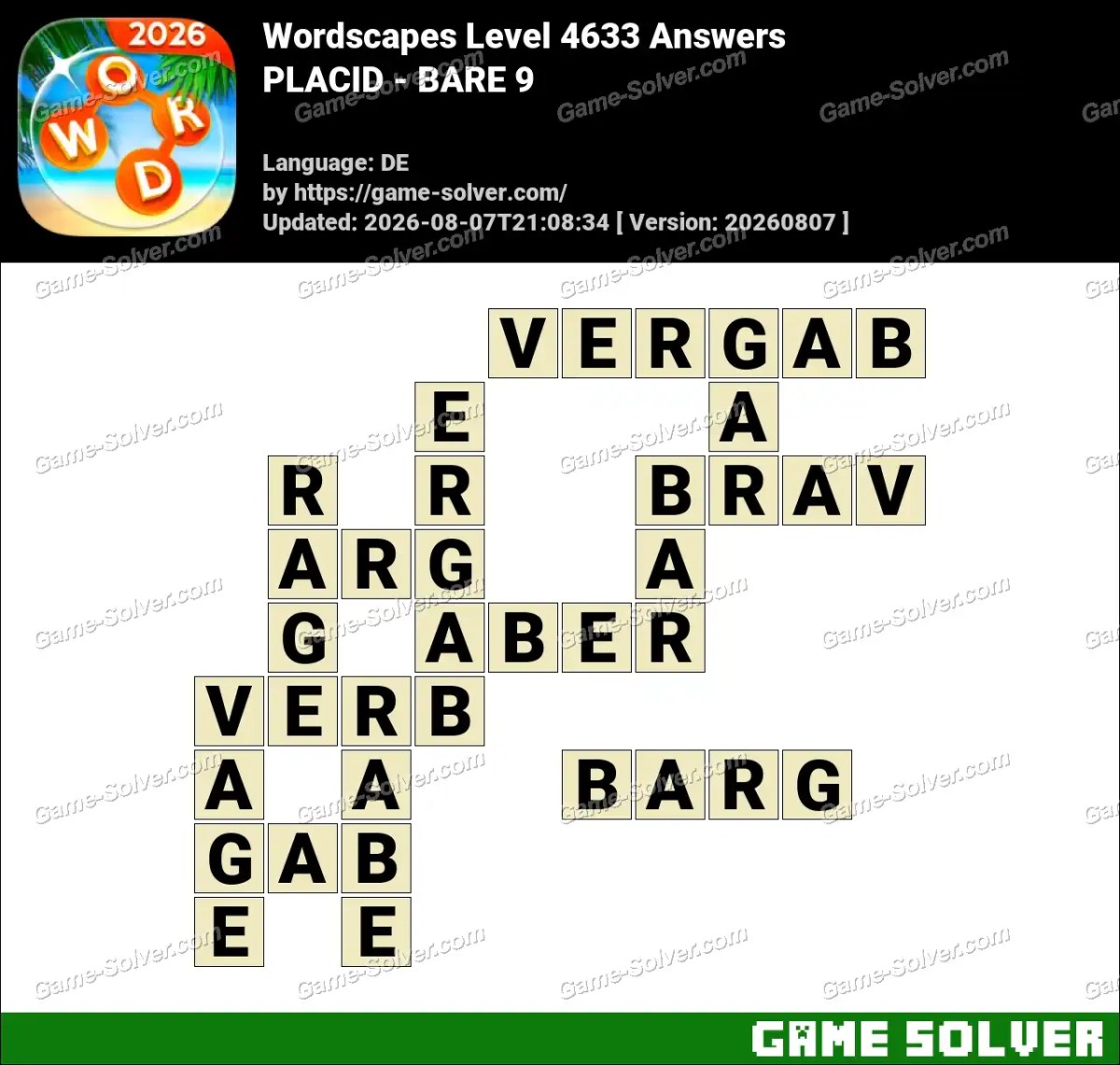 Wordscapes Deutsche Level 4633 Answers — PLACID - BARE 9