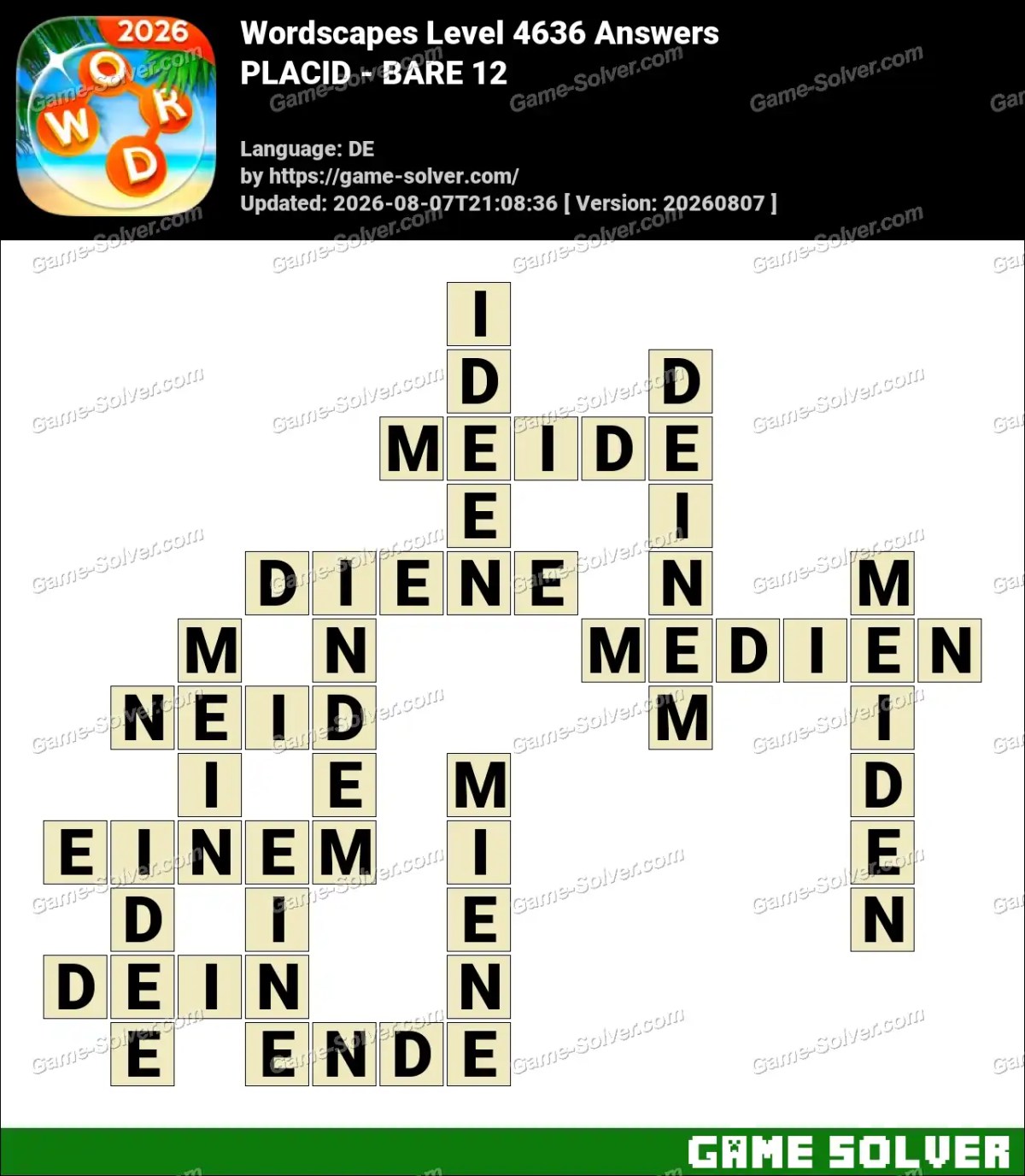 Wordscapes Deutsche Level 4636 Answers — PLACID - BARE 12