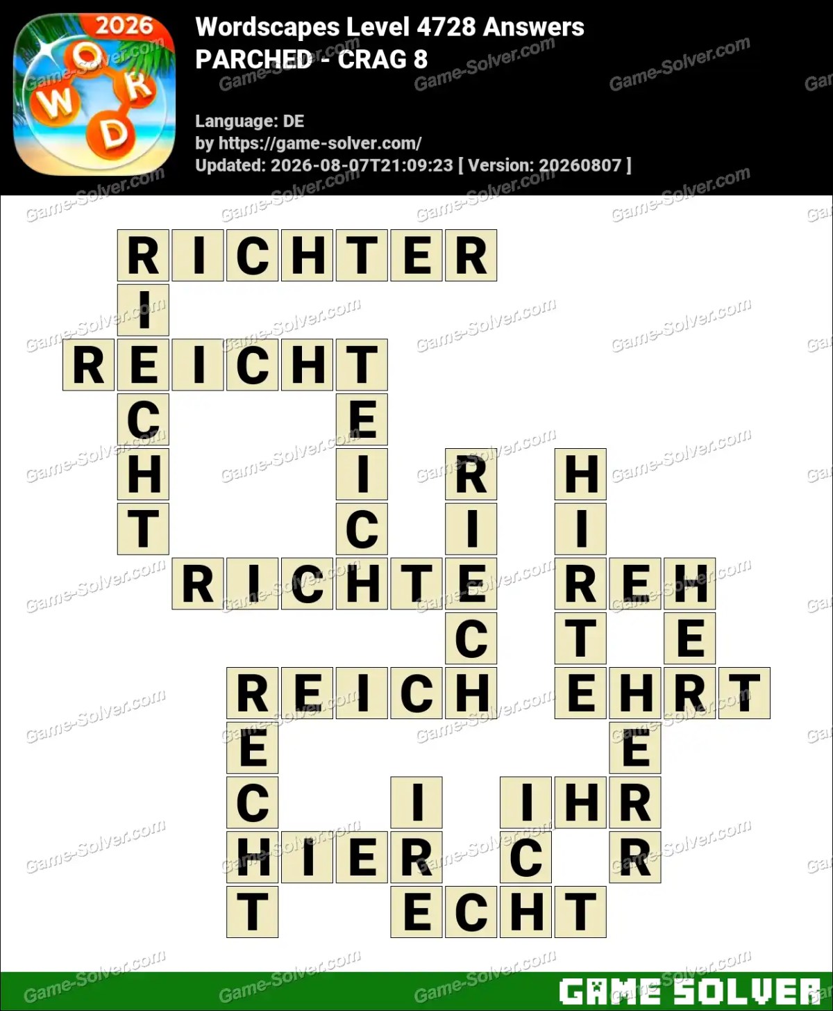Wordscapes Deutsche Level 4728 Answers — PARCHED - CRAG 8
