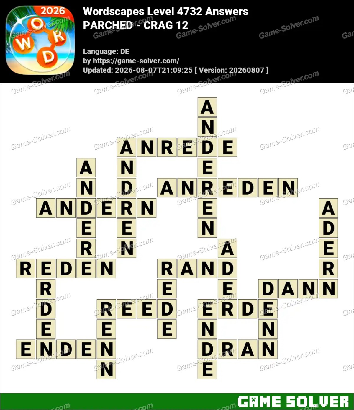 Wordscapes Deutsche Level 4732 Answers — PARCHED - CRAG 12