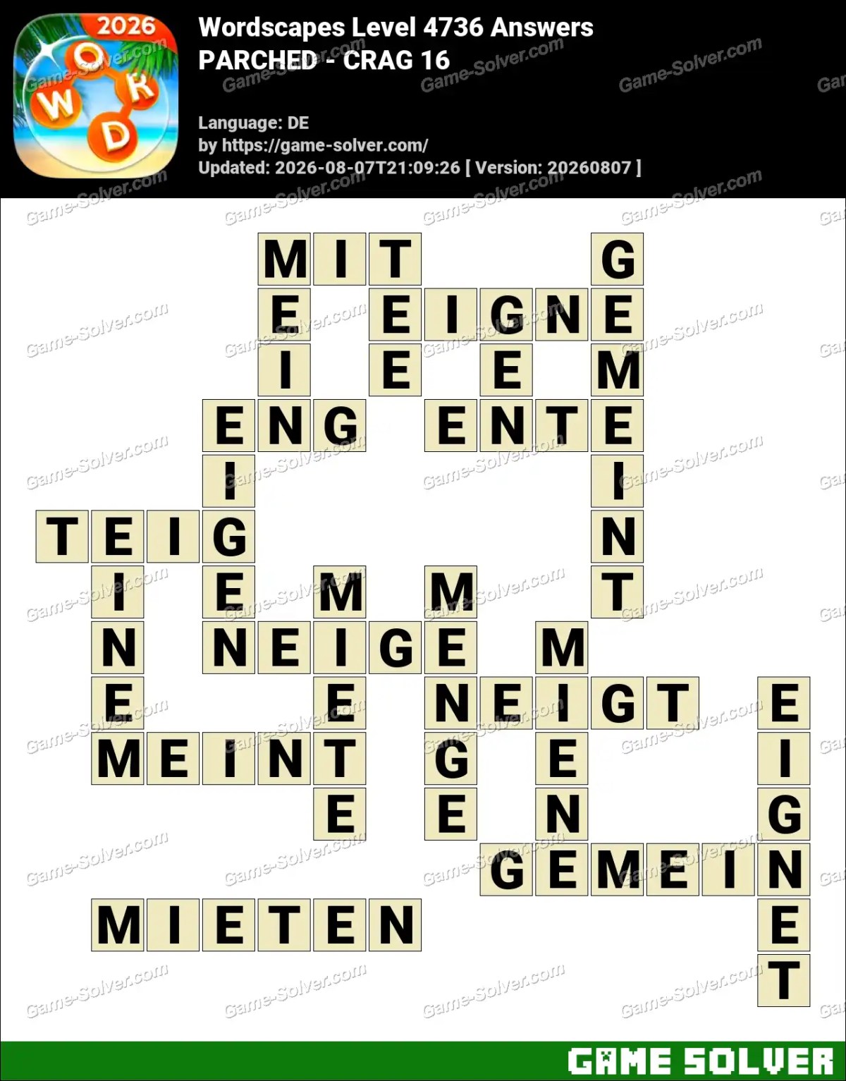 Wordscapes Deutsche Level 4736 Answers — PARCHED - CRAG 16