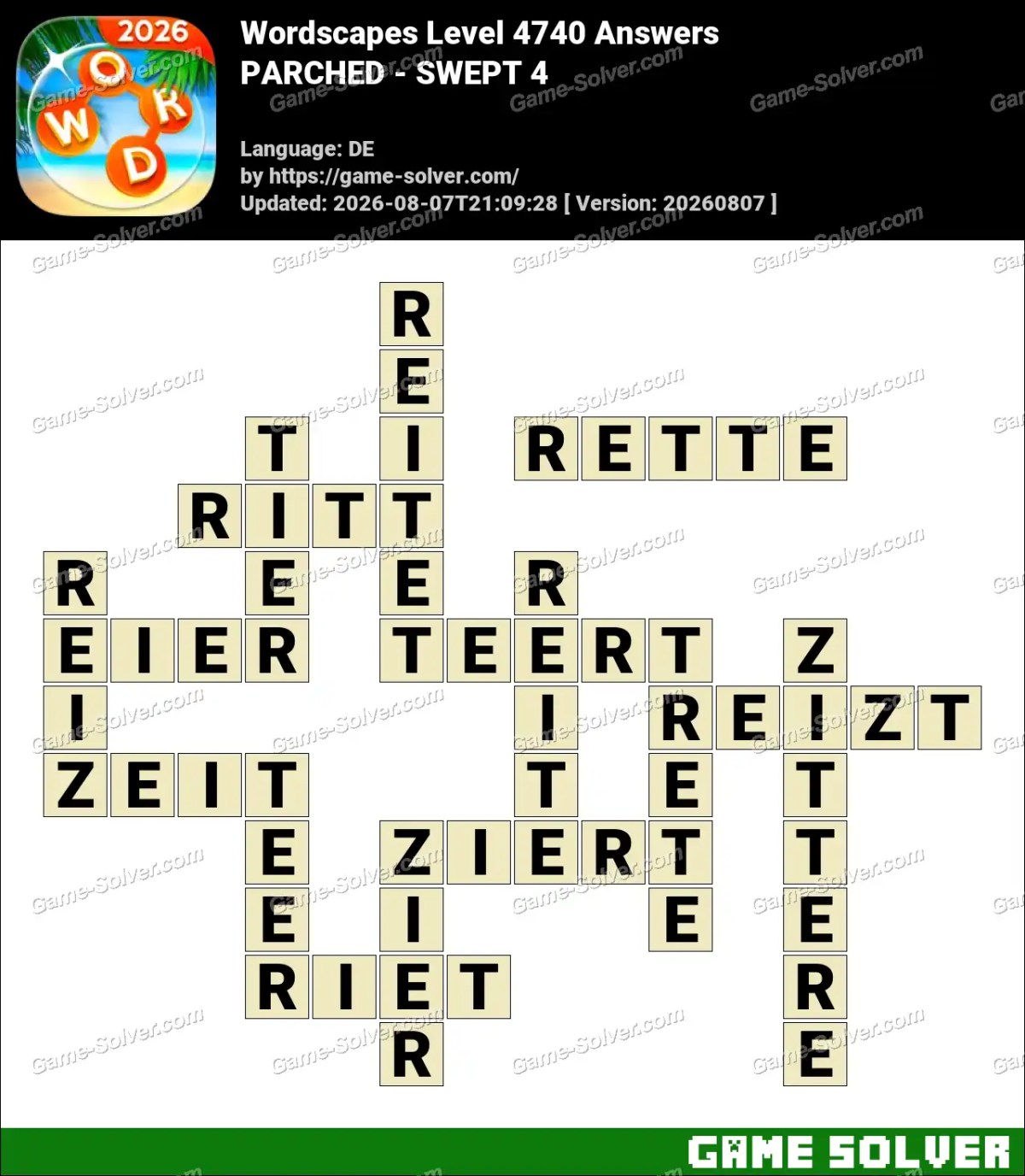 Wordscapes Deutsche Level 4740 Answers — PARCHED - SWEPT 4