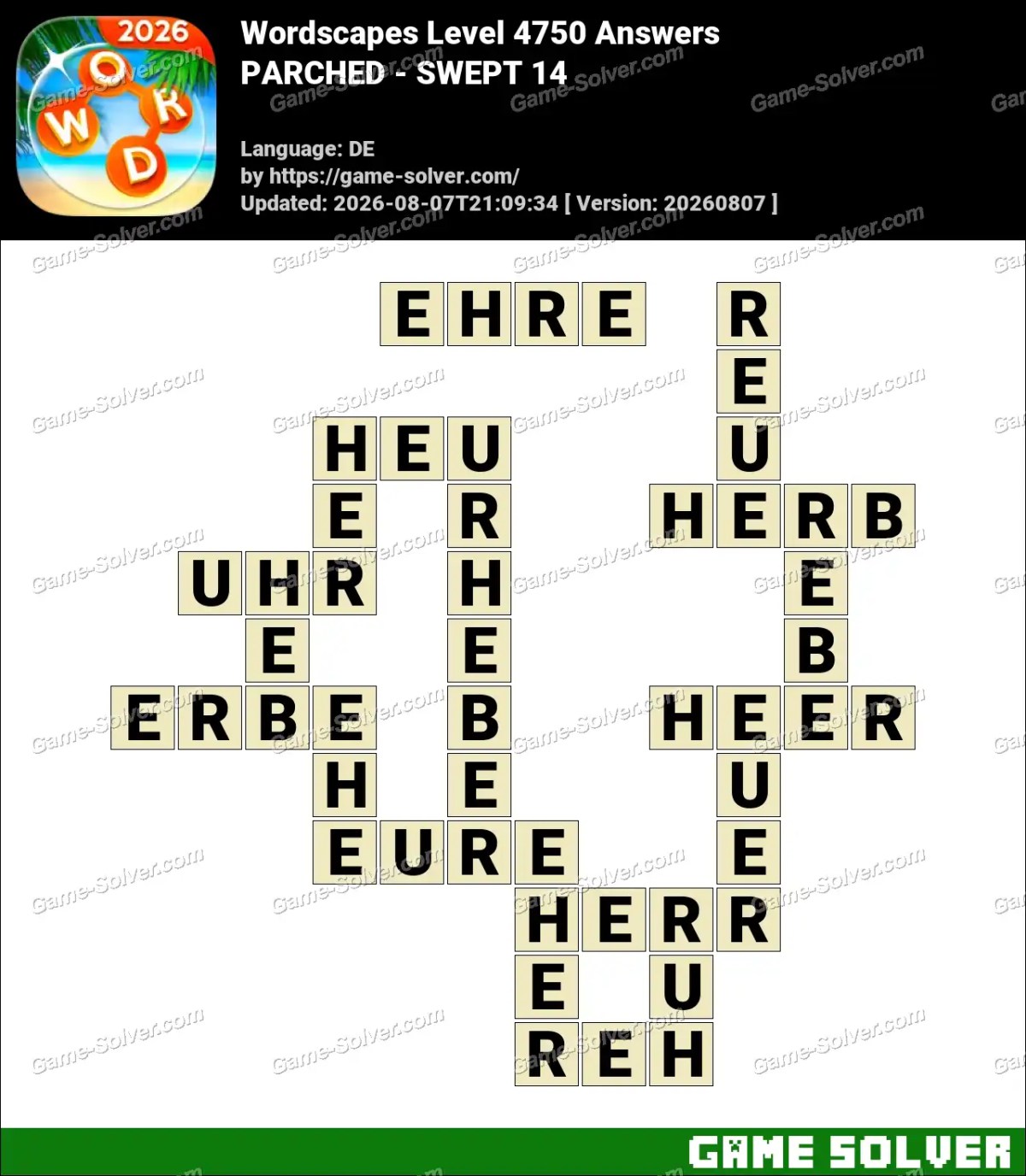 Wordscapes Deutsche Level 4750 Answers — PARCHED - SWEPT 14